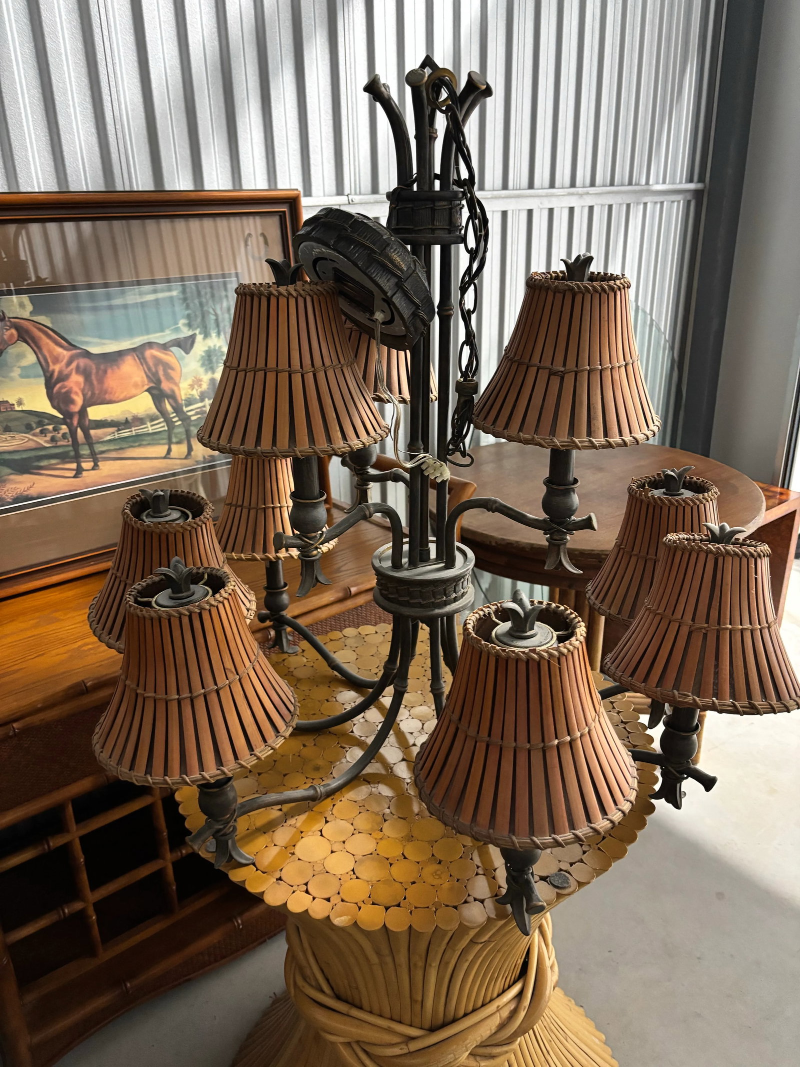 Late 20th Century Elegant, 2 Tired, 9 Bulb, Faux Bamboo Bronze Chandelier With Custom Rattan Shades - 4
