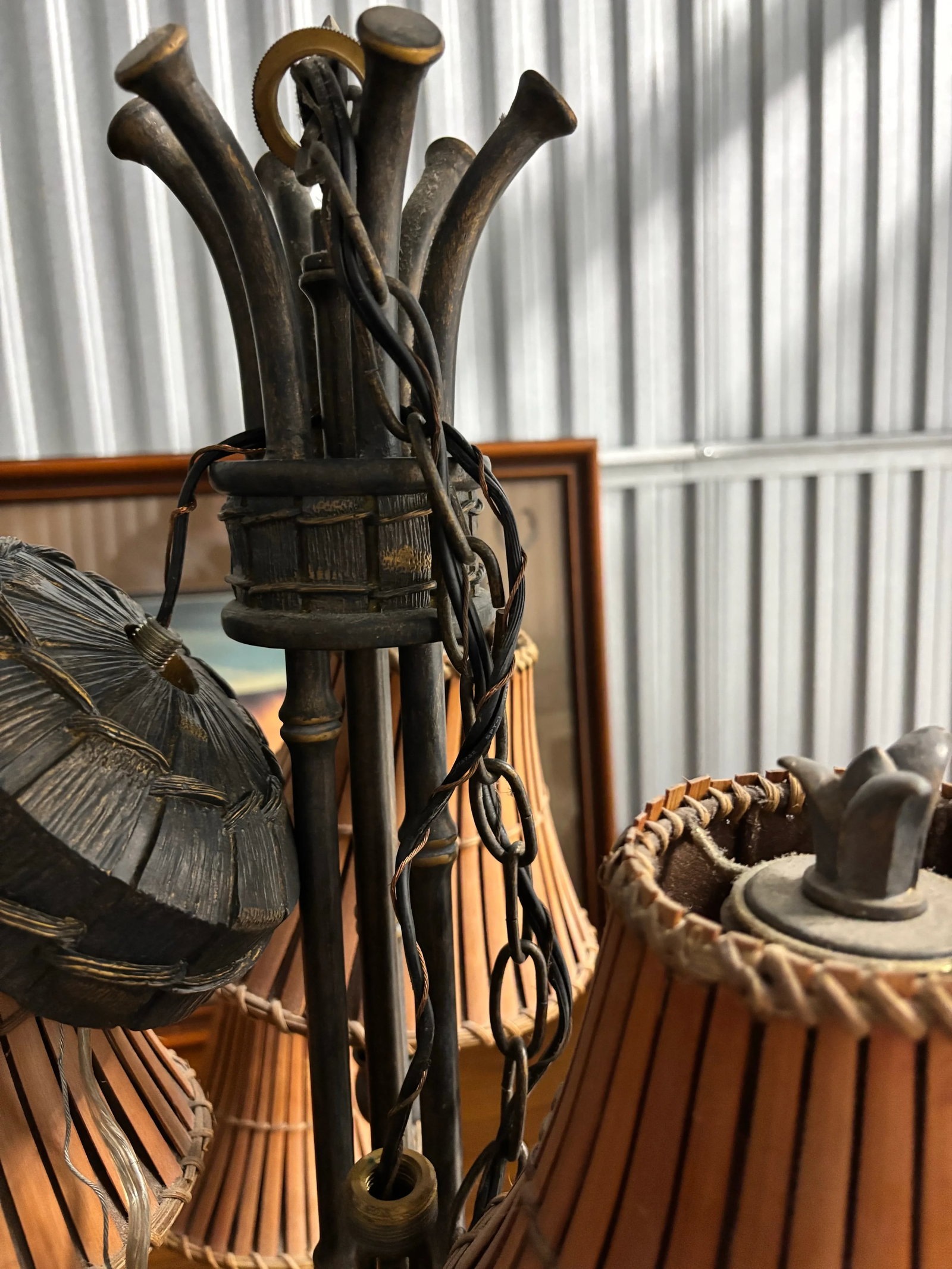 Late 20th Century Elegant, 2 Tired, 9 Bulb, Faux Bamboo Bronze Chandelier With Custom Rattan Shades - 5
