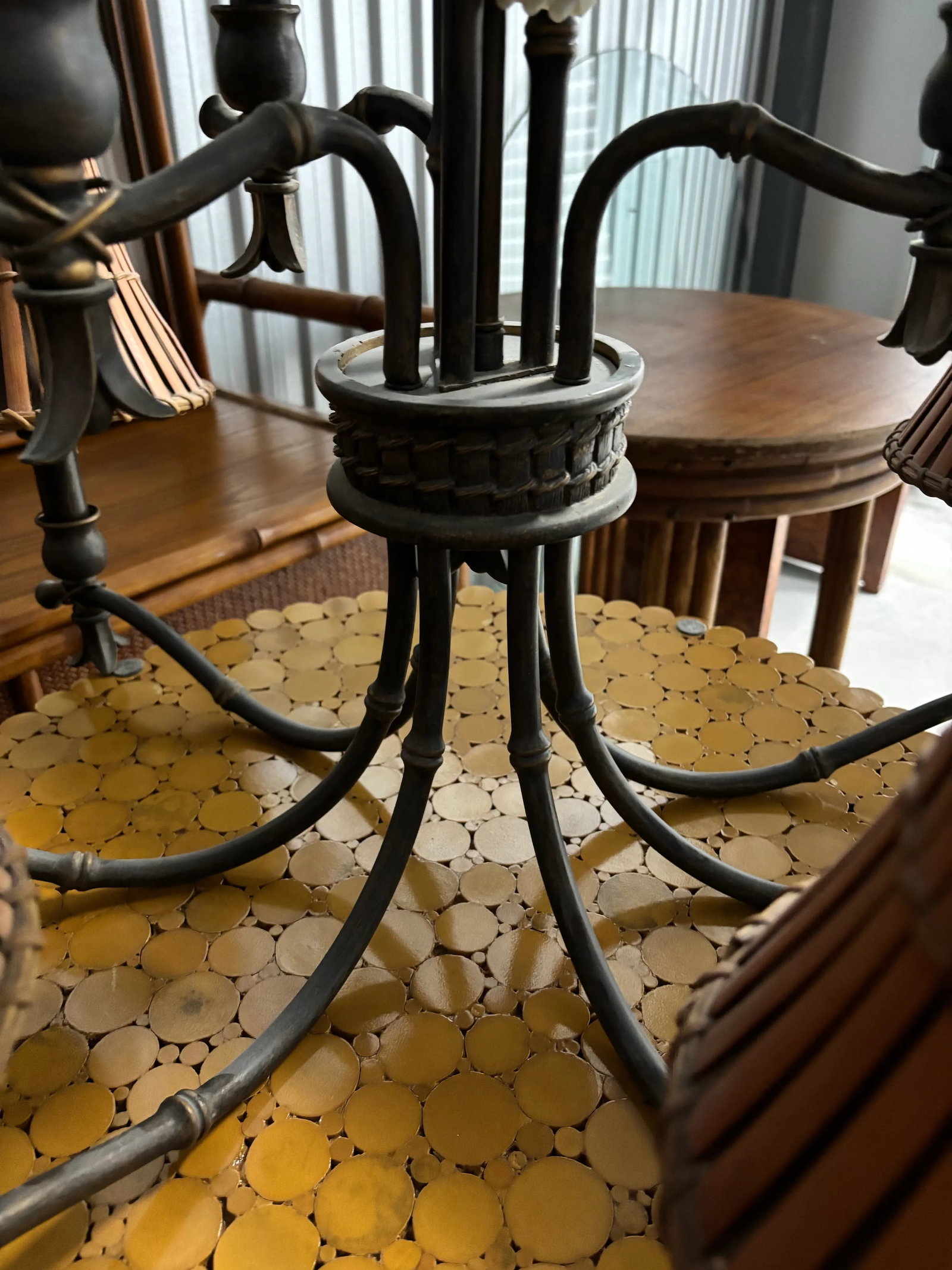 Late 20th Century Elegant, 2 Tired, 9 Bulb, Faux Bamboo Bronze Chandelier With Custom Rattan Shades - 6