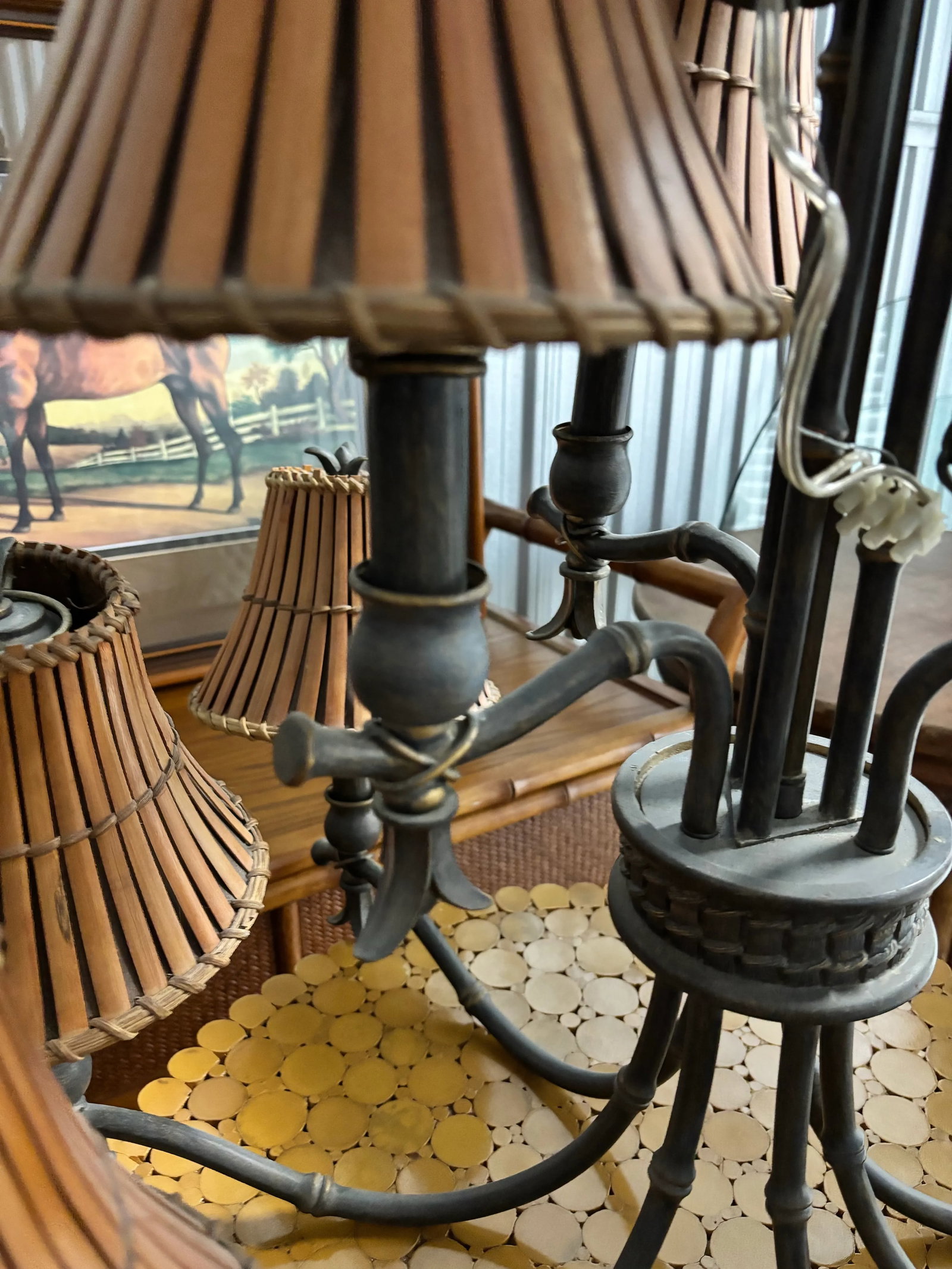 Late 20th Century Elegant, 2 Tired, 9 Bulb, Faux Bamboo Bronze Chandelier With Custom Rattan Shades - 7