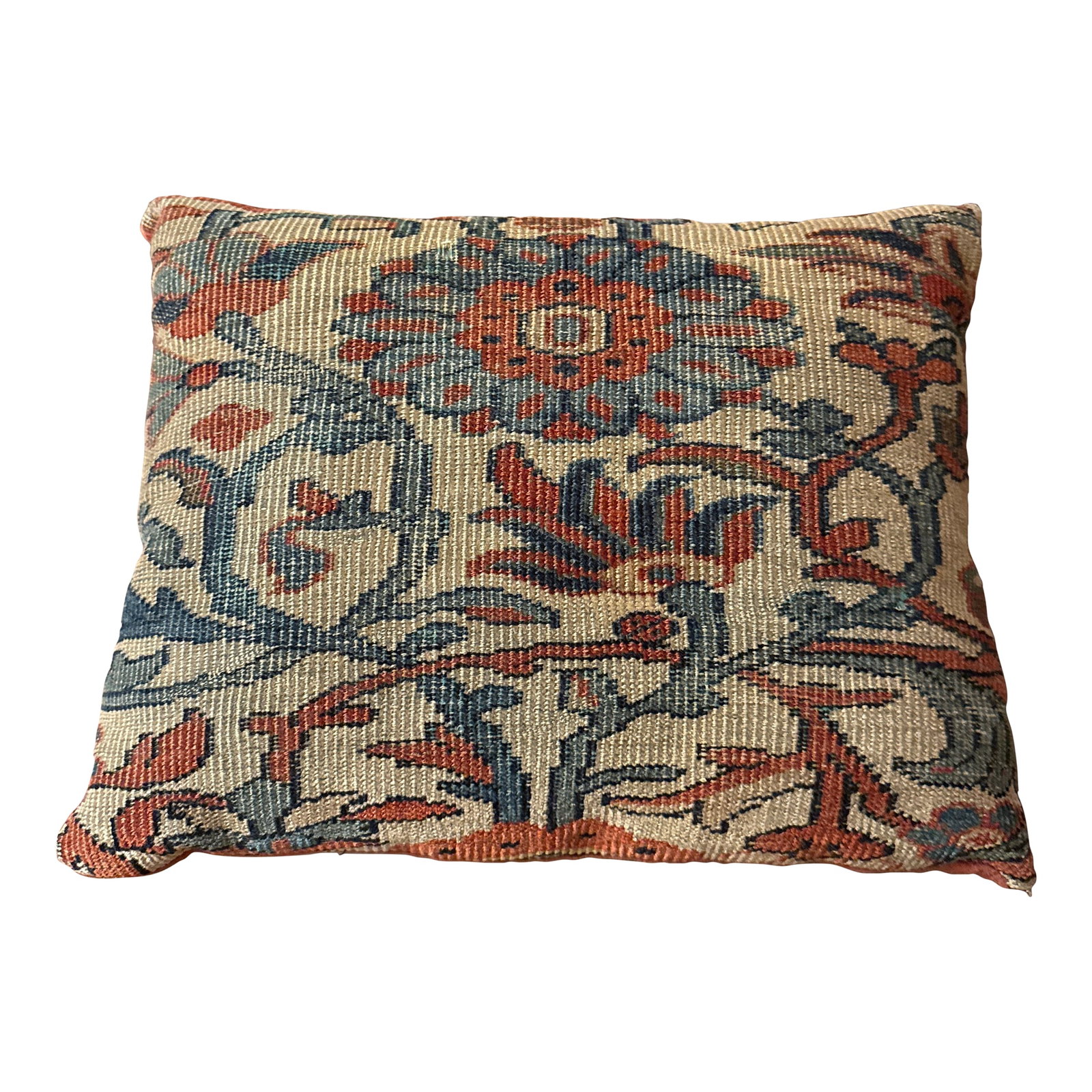 Custom Antique Persian Rug Pillow: A fine antique Persian rug with neutral tan ground with nice colors of soft red blue and teal floral, foliate vibes, and rosettes. Backed with solid burnt orange velvet. Nice rectangle shape and size