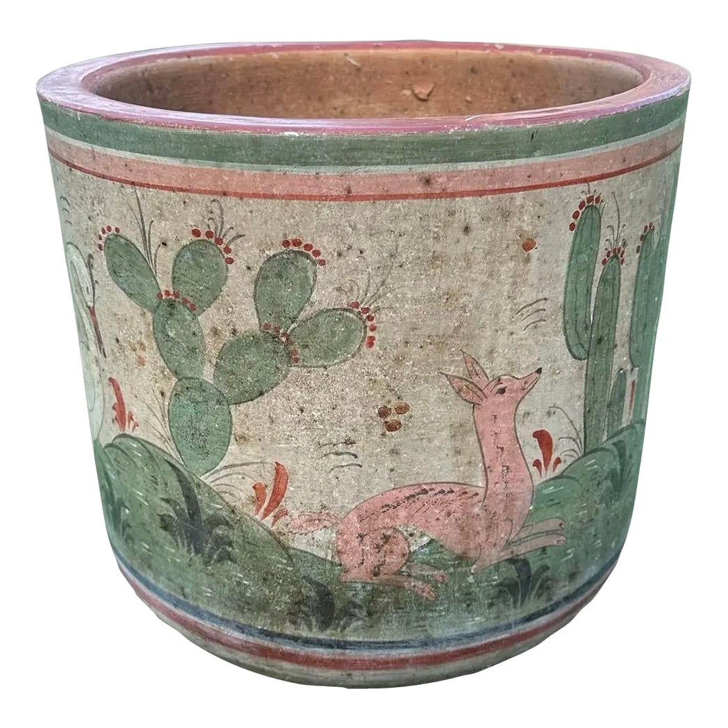 Rare Vintage Tonala Mexico Ceramic Large Planter Pot: From the estate of a Southern California antiques dealer with a large collection of vintage Mexican pottery, comes this rare Tonala hand-painted, burnished planters pot with desert landscape,