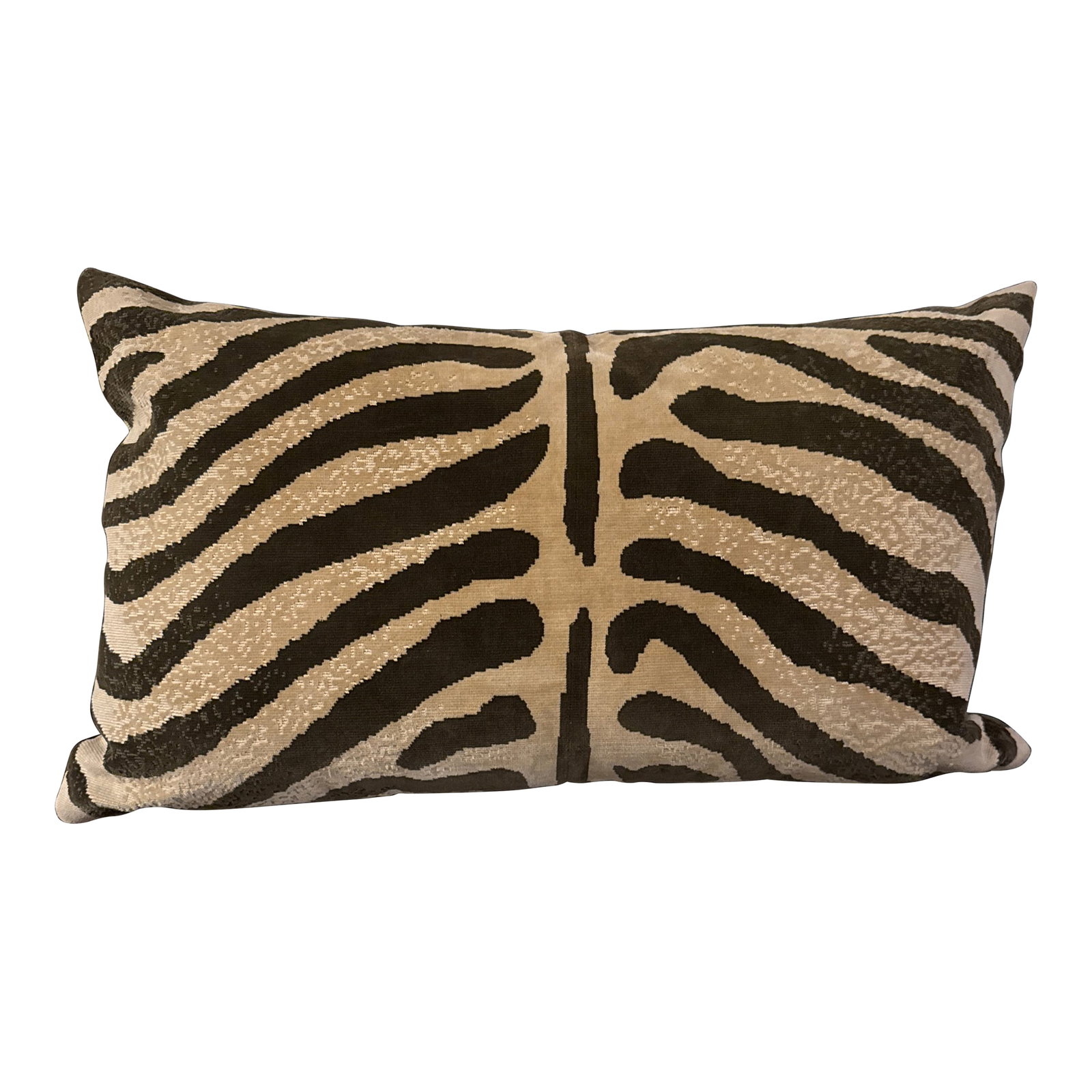 Custom Velvet Zebra Print Lumbar Pillow: Custom-made designer, velvet fabric, brown, and tan zebra print, perfect in the middle of a sofa or bed or in a chair. Down filled insert. Condition: Alterations: Original Condition Unaltered