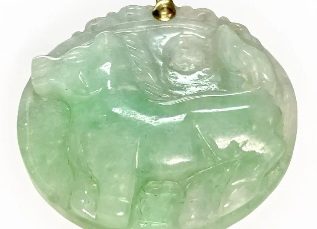 Jadeite Jade in 14k Gold Apple Green Carved Pendant - 5