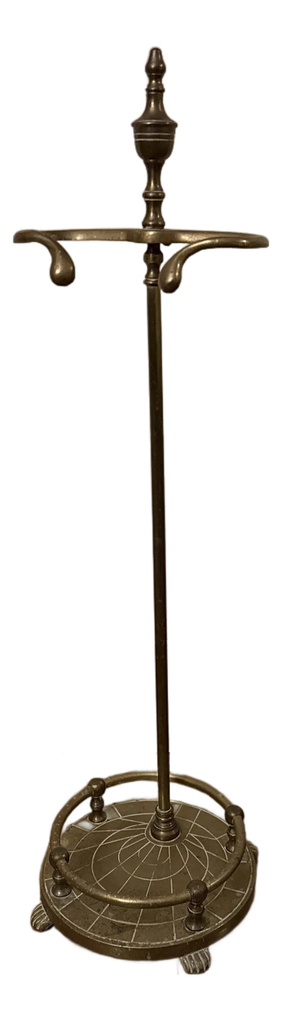 Late 19th Century Brass Georgian Style Umbrella Stand: Handsome Georgian Style Brass Walking Stick, Cane, or Umbrella Stand, urn form finial, round base with gallery rail, incised decoration, and lions paw feet. Condition: Alterations: Original Condition 