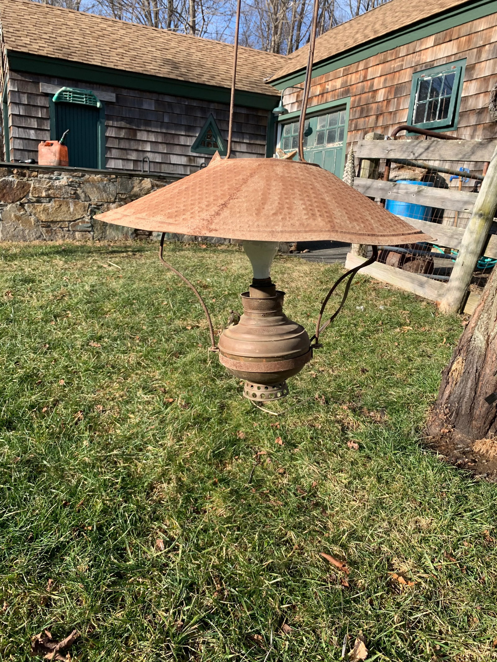 Vintage Electrified Brass Hanging Oil Lamp - 6
