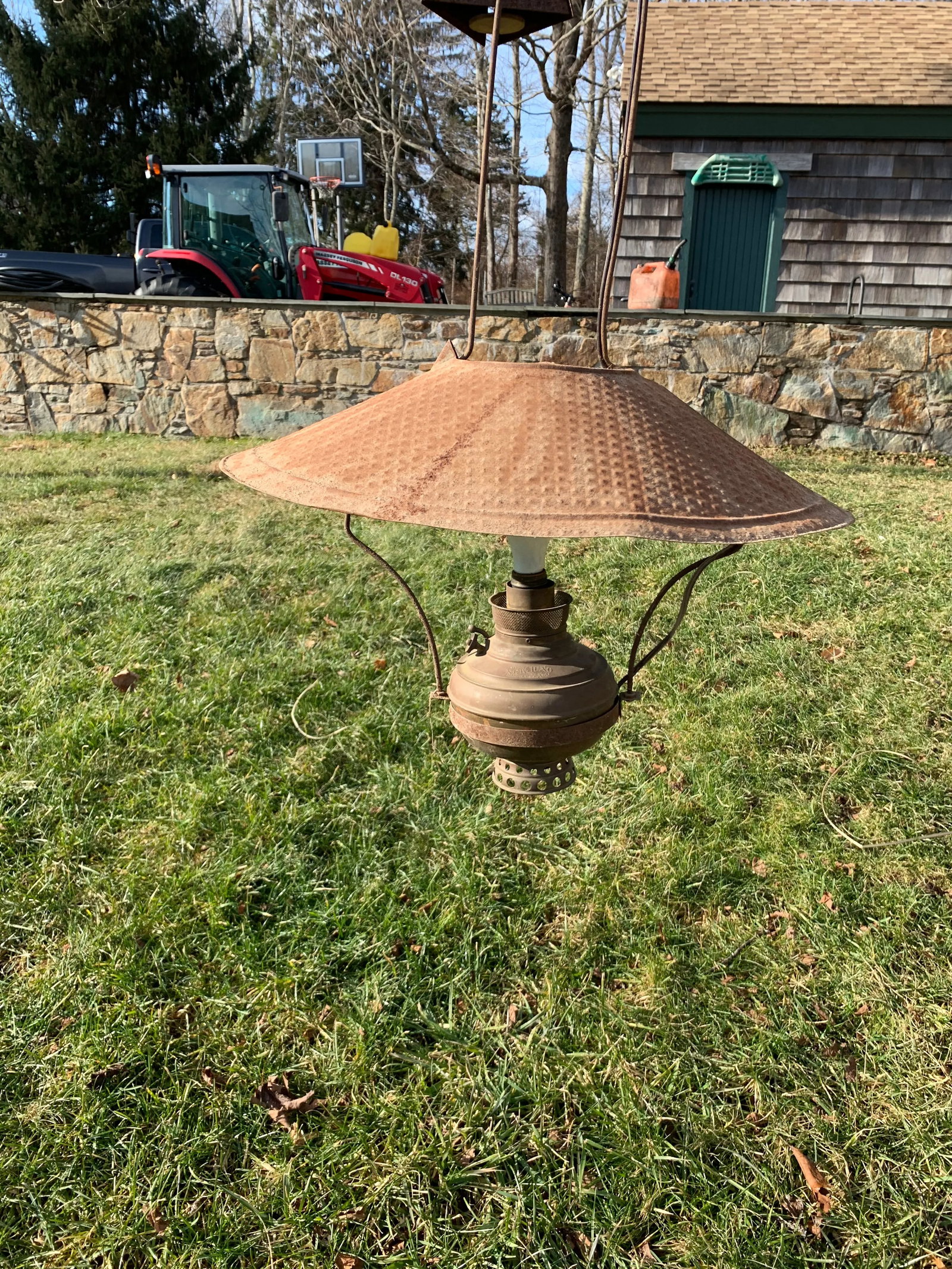 Vintage Electrified Brass Hanging Oil Lamp - 7
