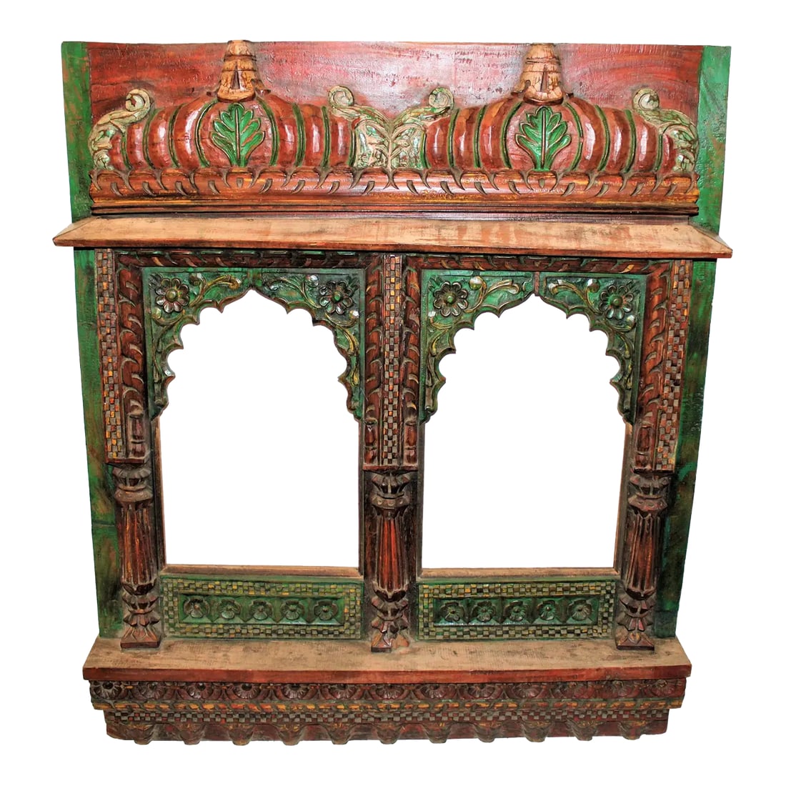 Double Arched Architectural Wall Art: Gorgeous Decorative Salvage Double Arched Window from the early 1900's. Uniquely detailed sculptural wall accent. Features intricate raised design rich reds, greens and some gold. It's truly a stateme