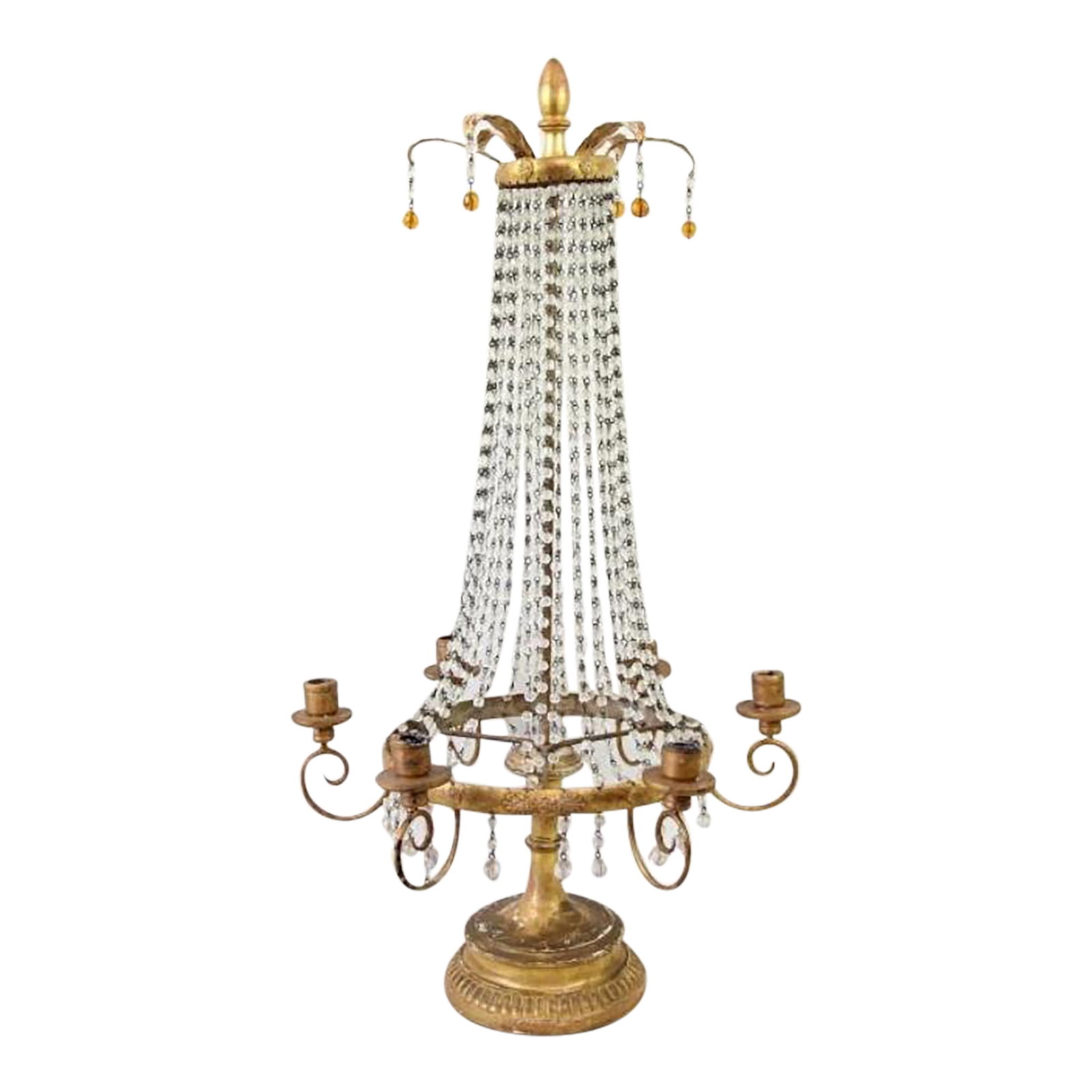 1950s French Empire Style Gold Gilt Wood Cascading Glass Crystals and Beads Table Centerpiece Chande: Empire Style Cascading Painted Wood & Metal Ceiling Light. An ornate chandelier with a shimmering tent-like canopy of glass beads surrounding a gold painted wood structure. It has six sockets attached