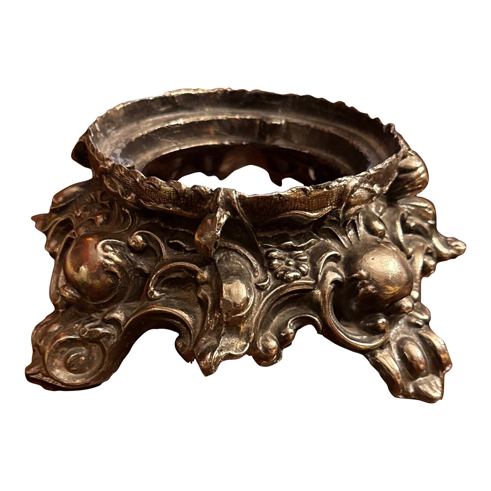 Mid 20th Century Ornate Silverplated Bowl Stand: Ornate Silver plated rococo revival style bowl stand. Louis XV scrolls and floral and acanthus foliage. Interior diameter 5.25" Condition: Alterations: Original Condition Unaltered Imperfections:
