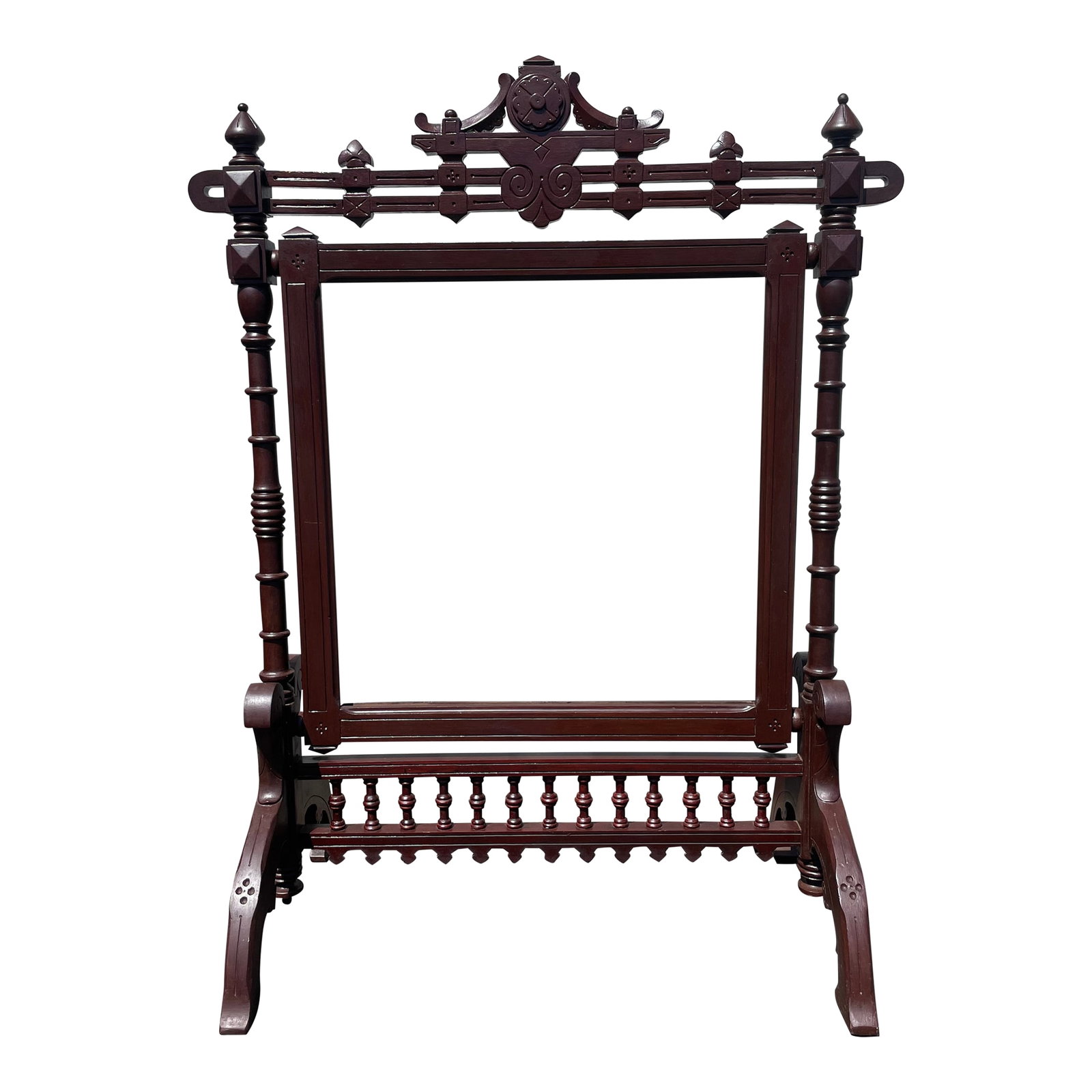 Antique Victorian 1800s Fireplace Screen Frame: Gorgeous Victorian fireplace screen! It is missing the needlepoint or tapestry that originally would have been inserted in between the two panels of glass. Three of the trim pieces that hold the glass