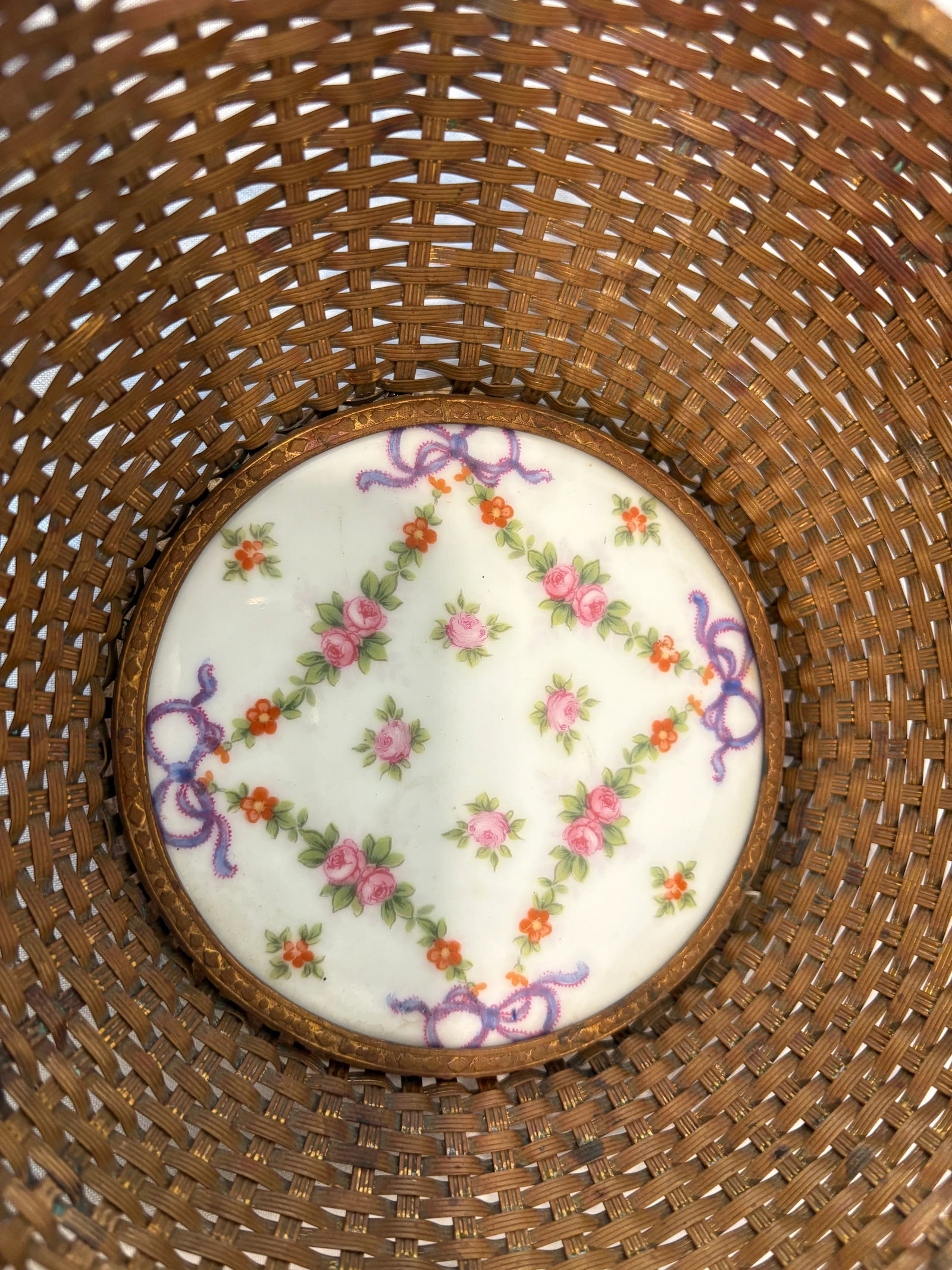 Antique French Dore Bronze Basket With Center Porcelain Plaque - 2