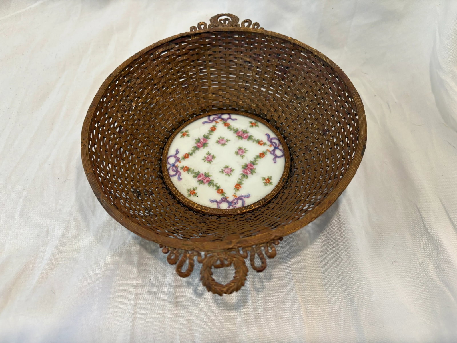 Antique French Dore Bronze Basket With Center Porcelain Plaque - 3