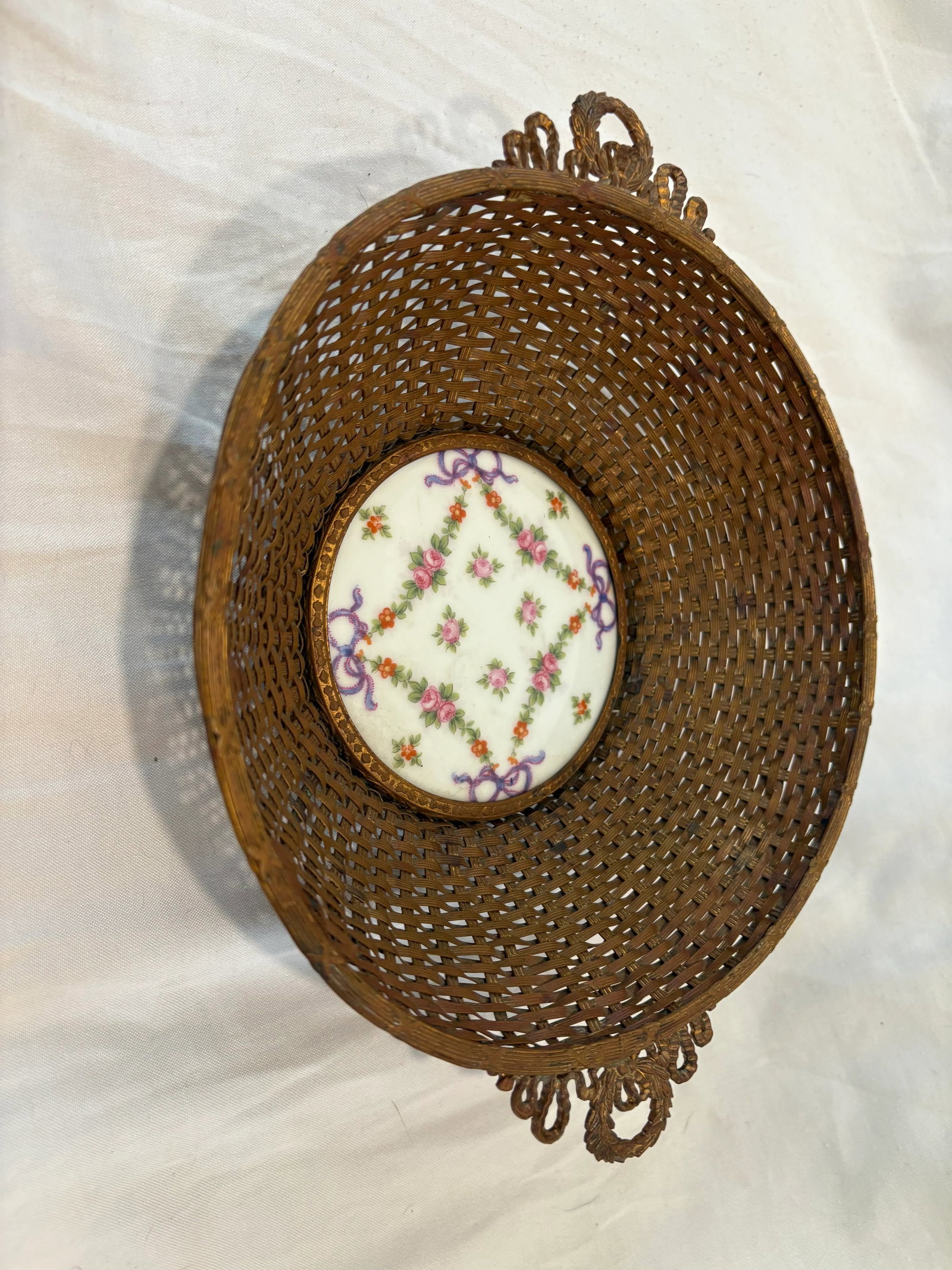 Antique French Dore Bronze Basket With Center Porcelain Plaque - 7