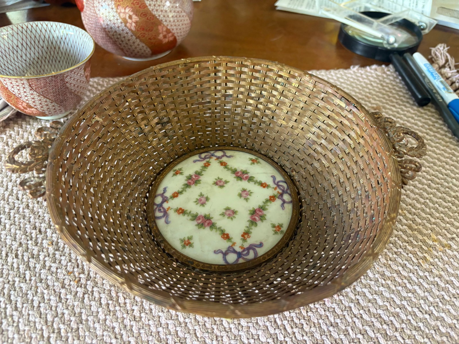 Antique French Dore Bronze Basket With Center Porcelain Plaque - 8