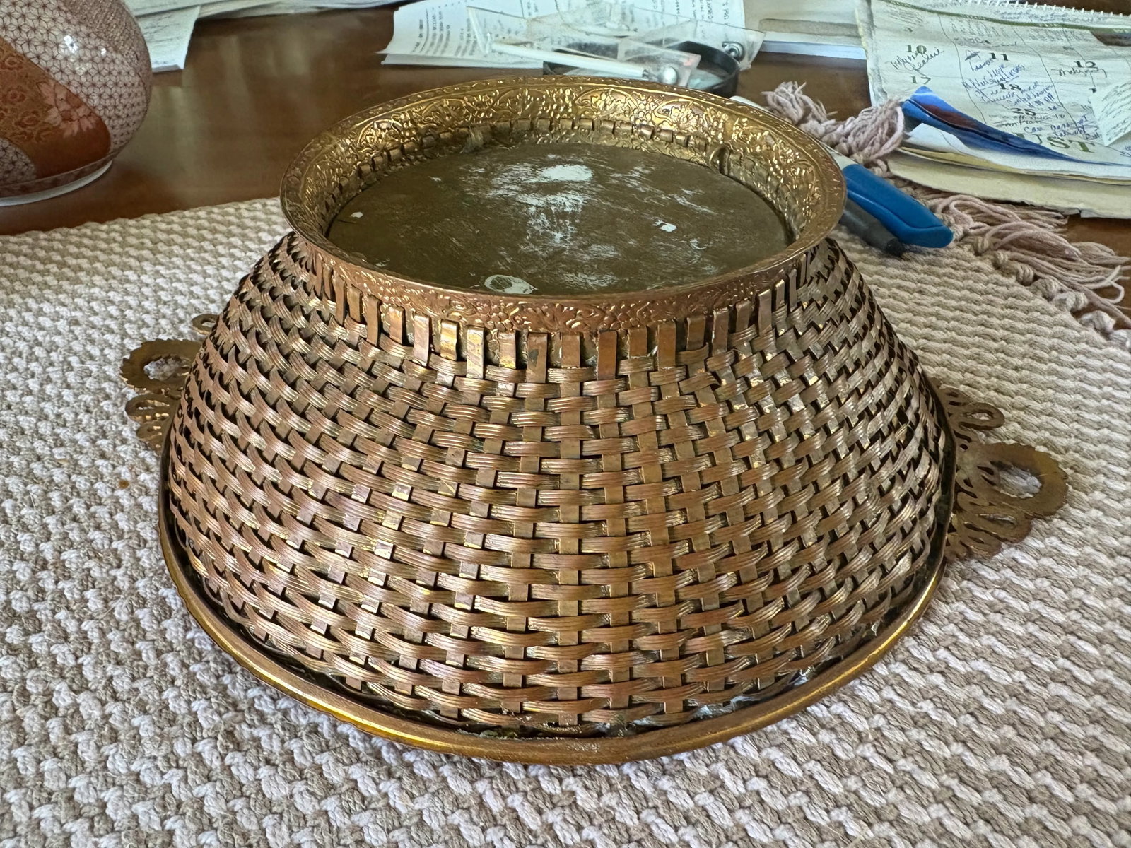 Antique French Dore Bronze Basket With Center Porcelain Plaque - 9