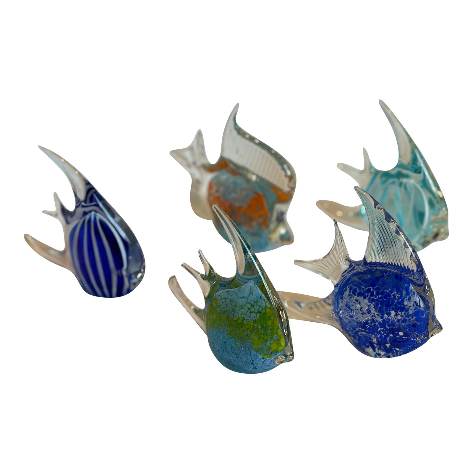 Set of 5 Mid 20t Century Murano Glass Fish: Five, mid 20th C Murano glass fish. Each fish is unique in color and shape. They each have a flat base so that they can be placed on any flat surface. They are all various shades of blue with white or