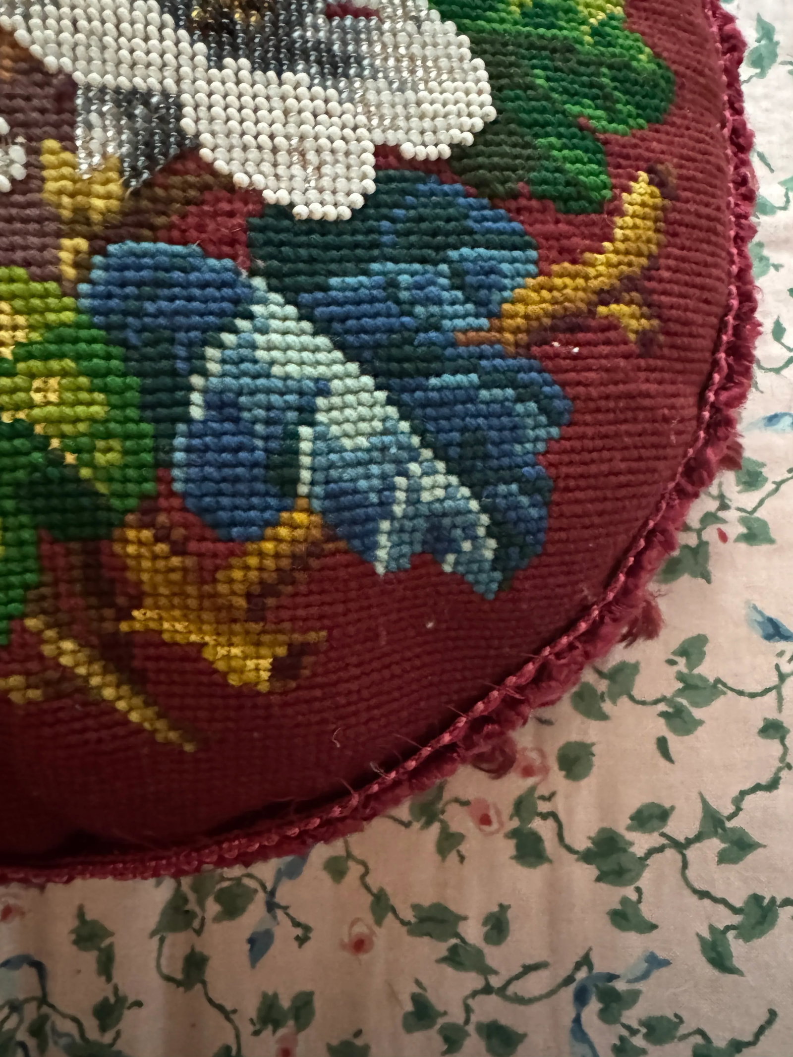 Victorian English Micro Beaded Floral Needlepoint Pillow - 10