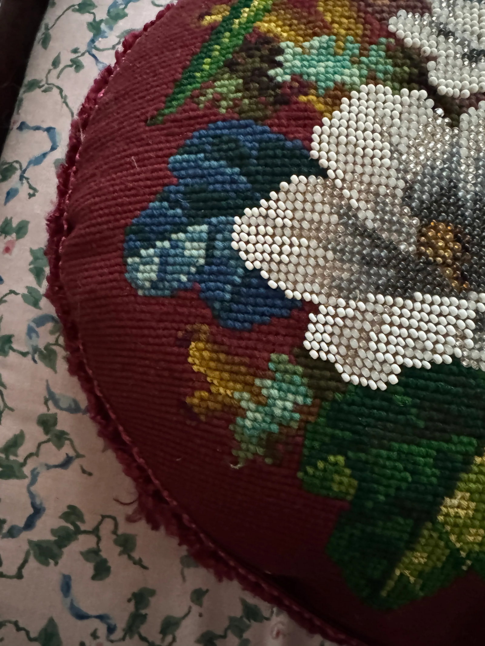 Victorian English Micro Beaded Floral Needlepoint Pillow - 11