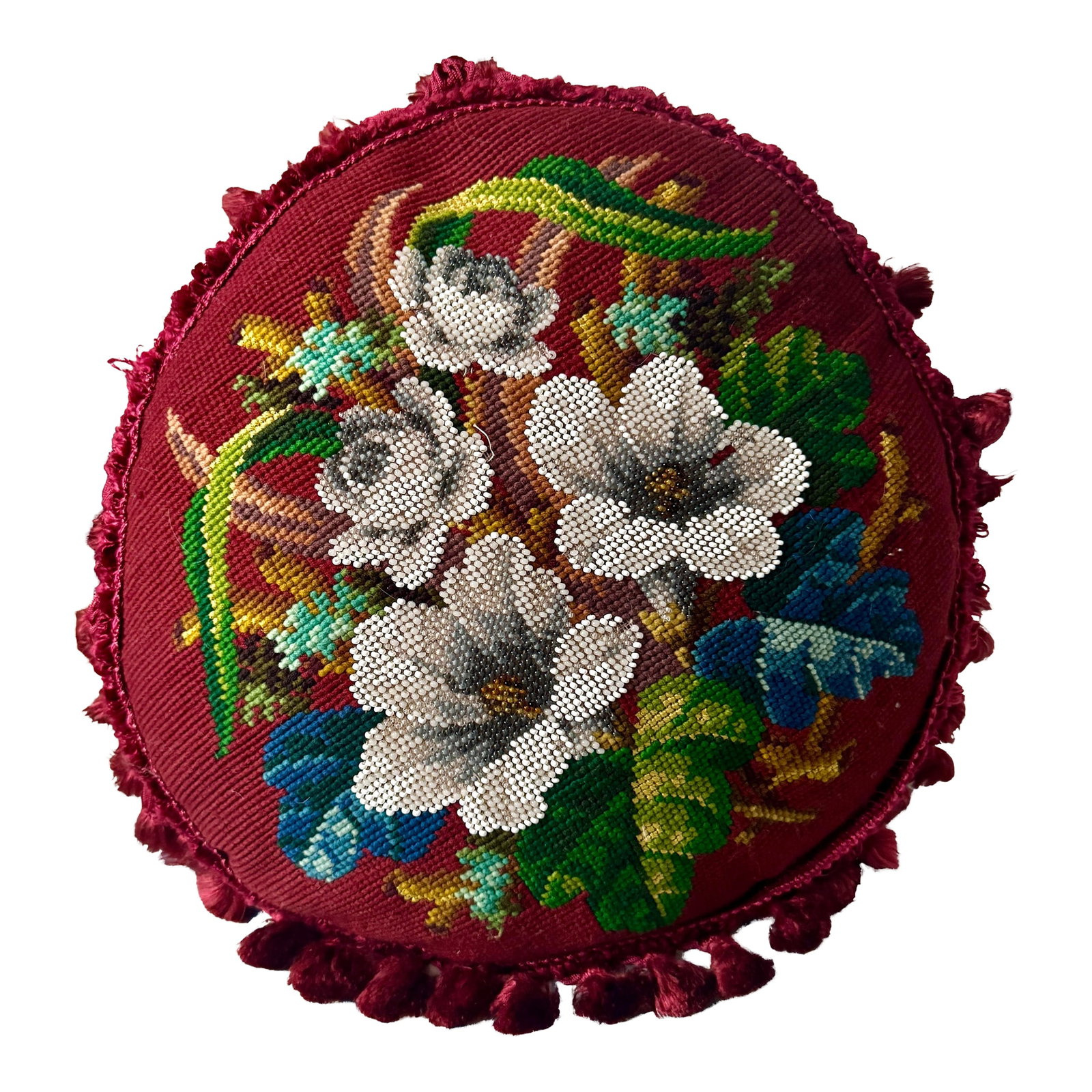 Victorian English Micro Beaded Floral Needlepoint Pillow (1 of 12)