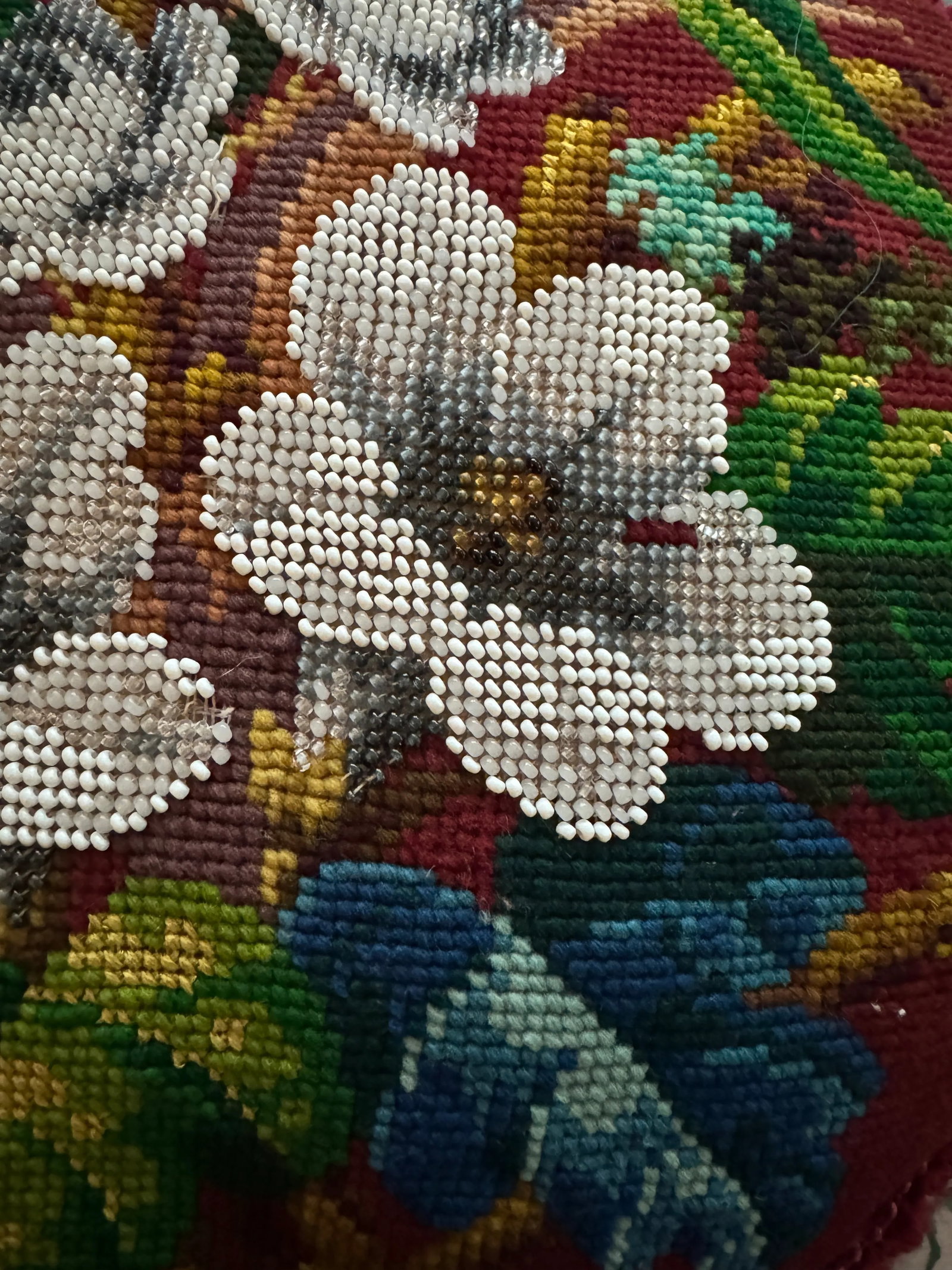 Victorian English Micro Beaded Floral Needlepoint Pillow - 2