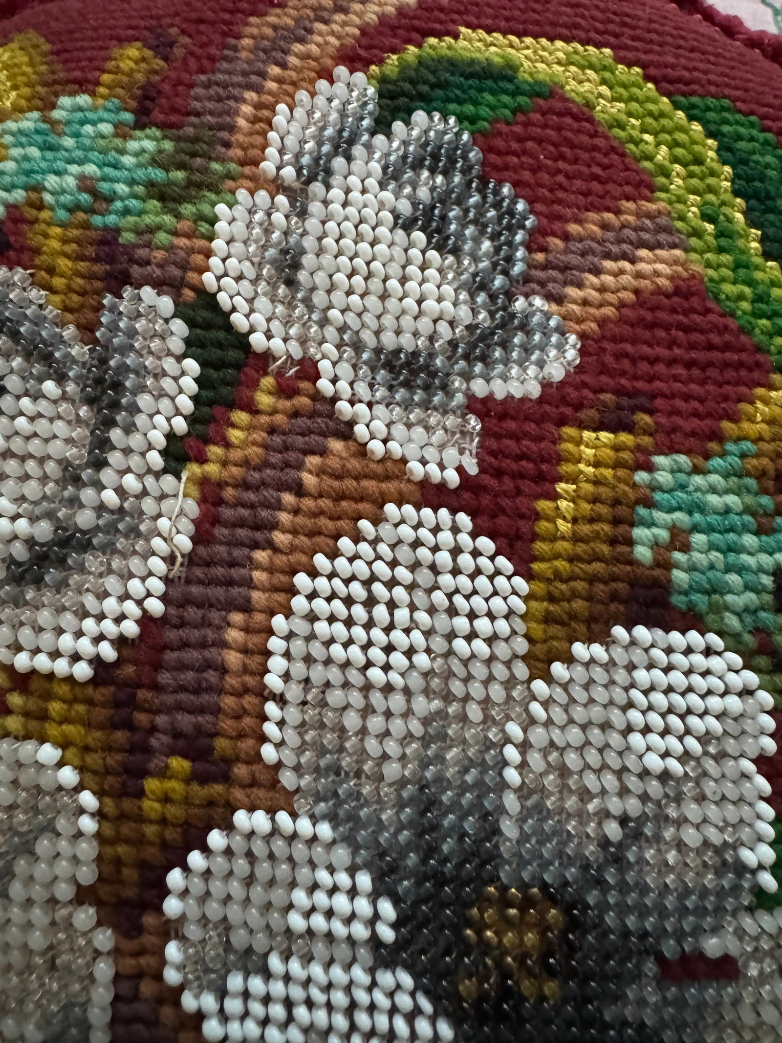Victorian English Micro Beaded Floral Needlepoint Pillow - 3