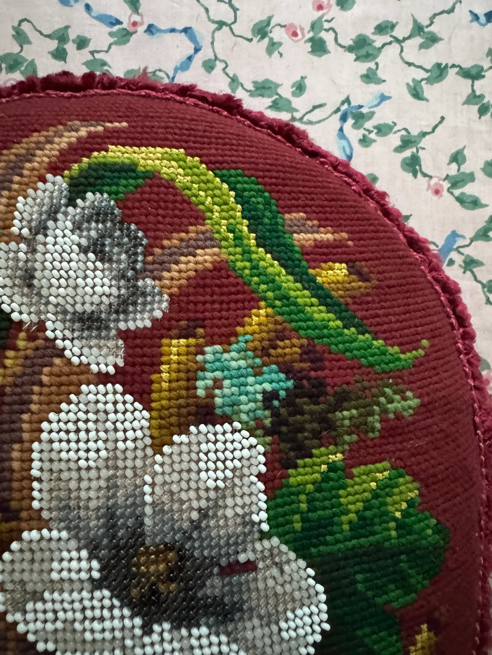 Victorian English Micro Beaded Floral Needlepoint Pillow - 4