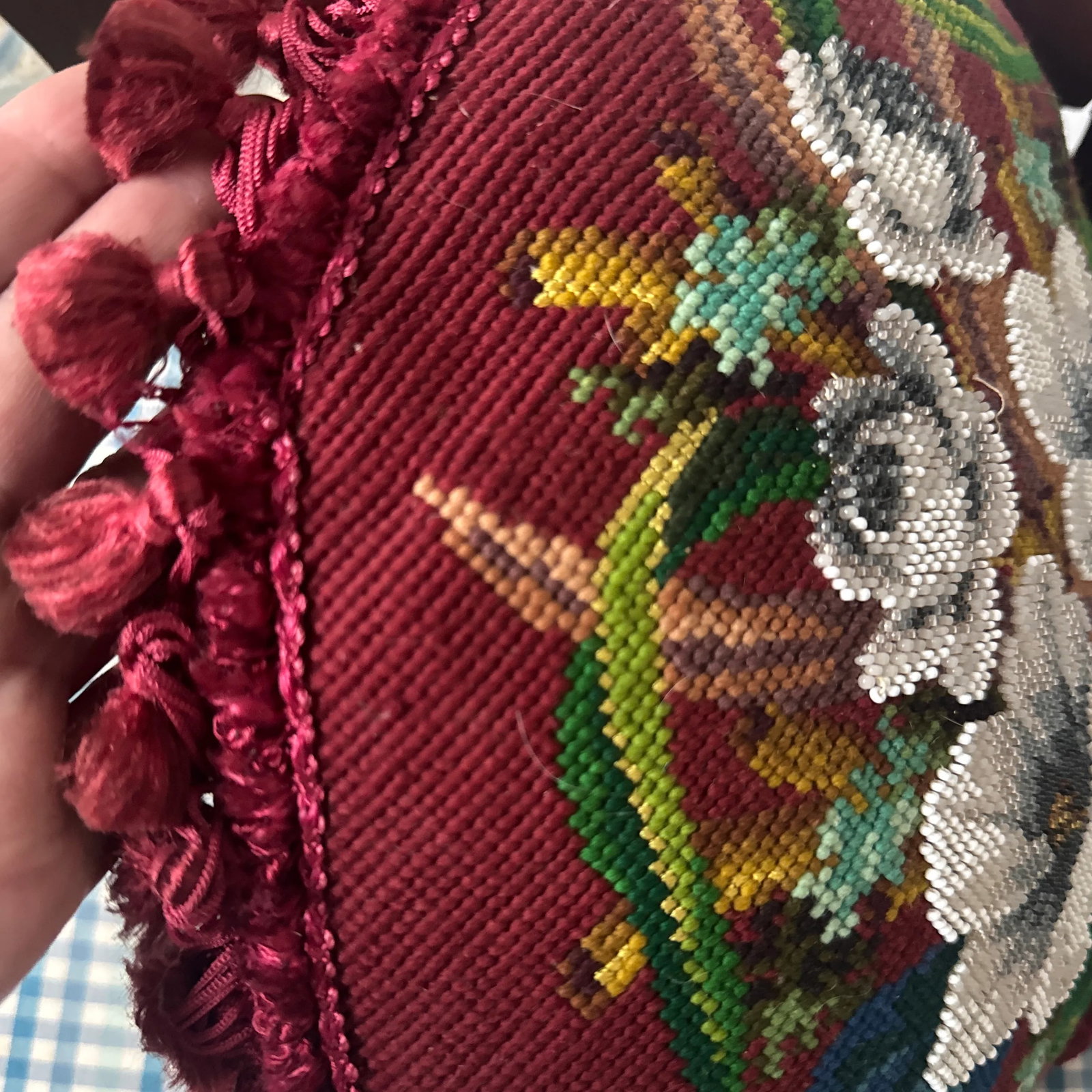Victorian English Micro Beaded Floral Needlepoint Pillow - 6