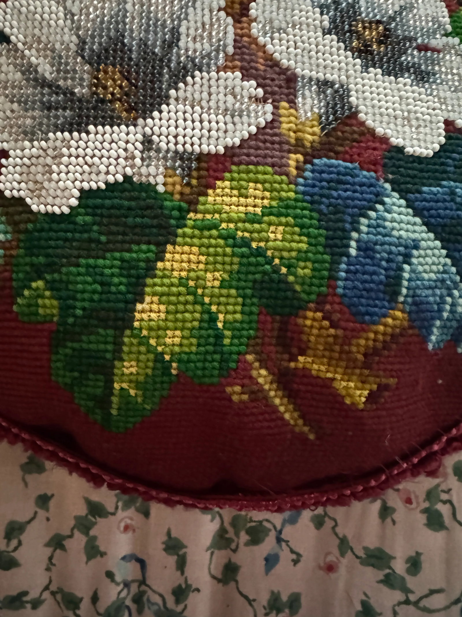 Victorian English Micro Beaded Floral Needlepoint Pillow - 7