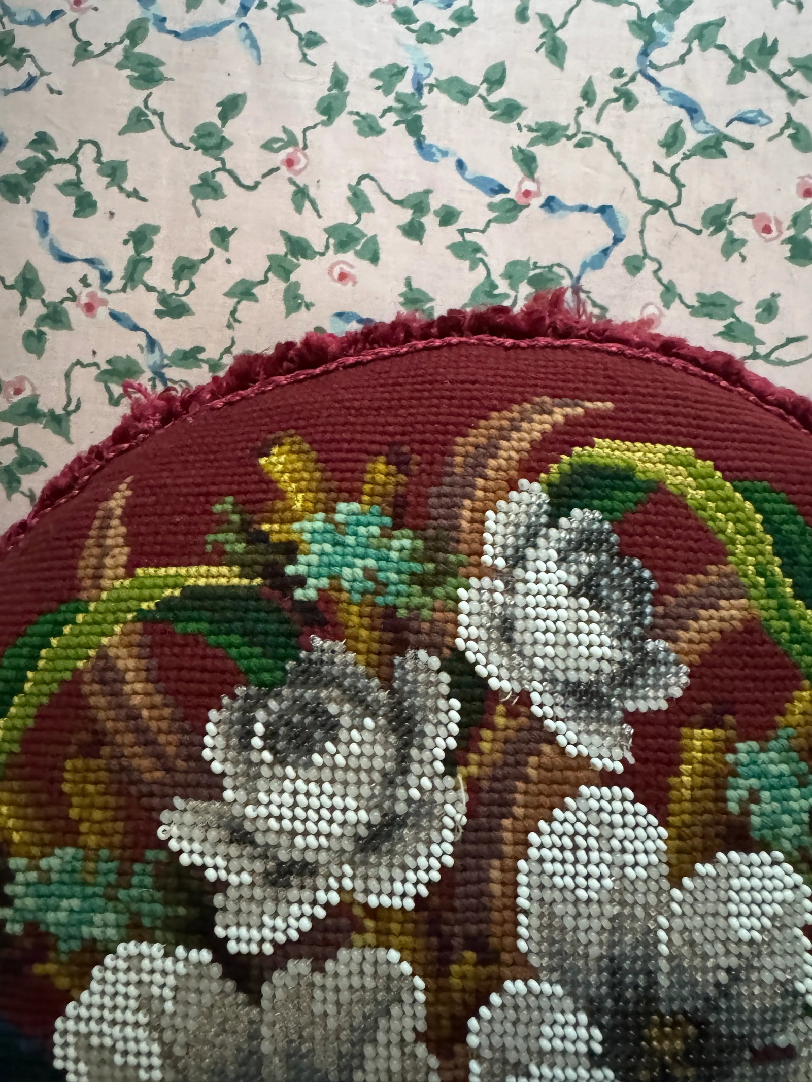 Victorian English Micro Beaded Floral Needlepoint Pillow - 8