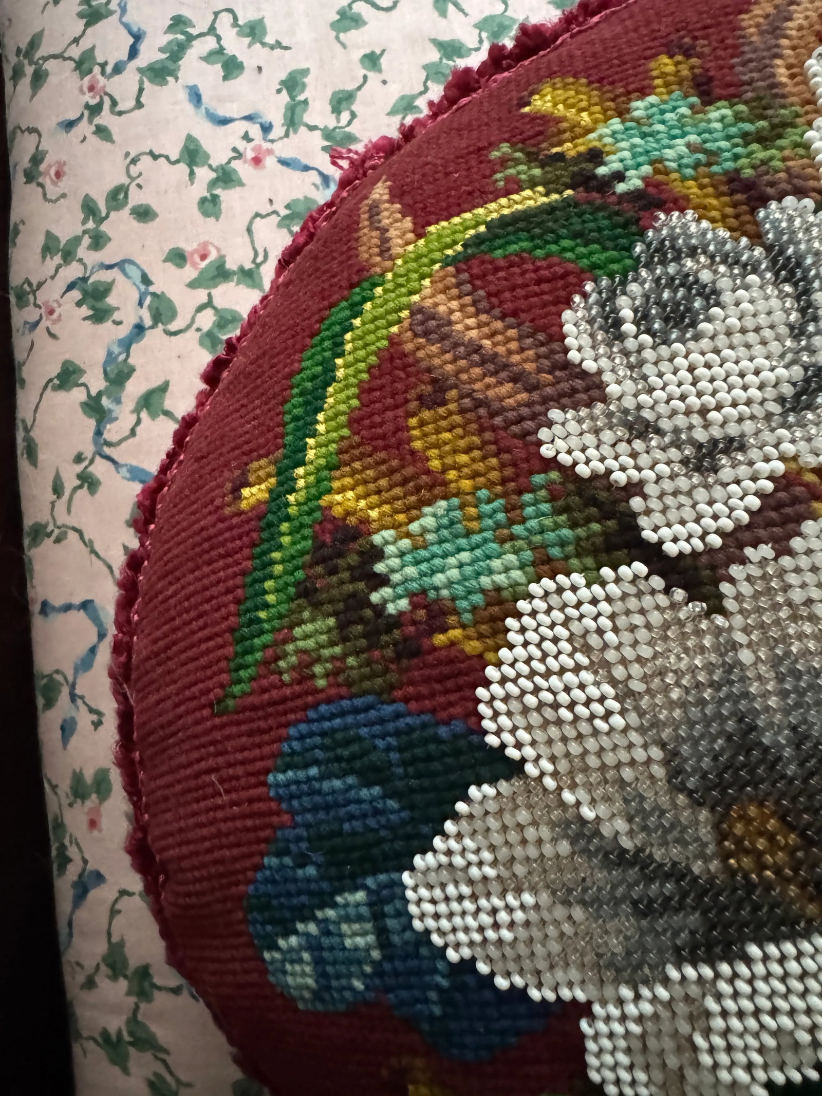 Victorian English Micro Beaded Floral Needlepoint Pillow - 9