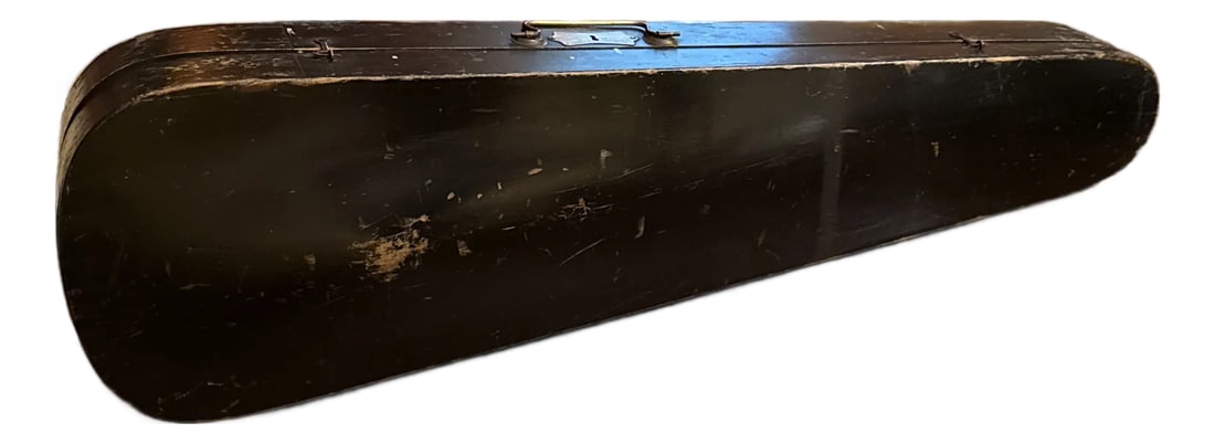 Antique 1880s Violin Case: Antique late 19th Century Steamed bent poplar violin case made in Charlestown, New Hampshire circa 1880-1890. Exterior has been ebonized black and has two hook latches, a brass escutcheon, and