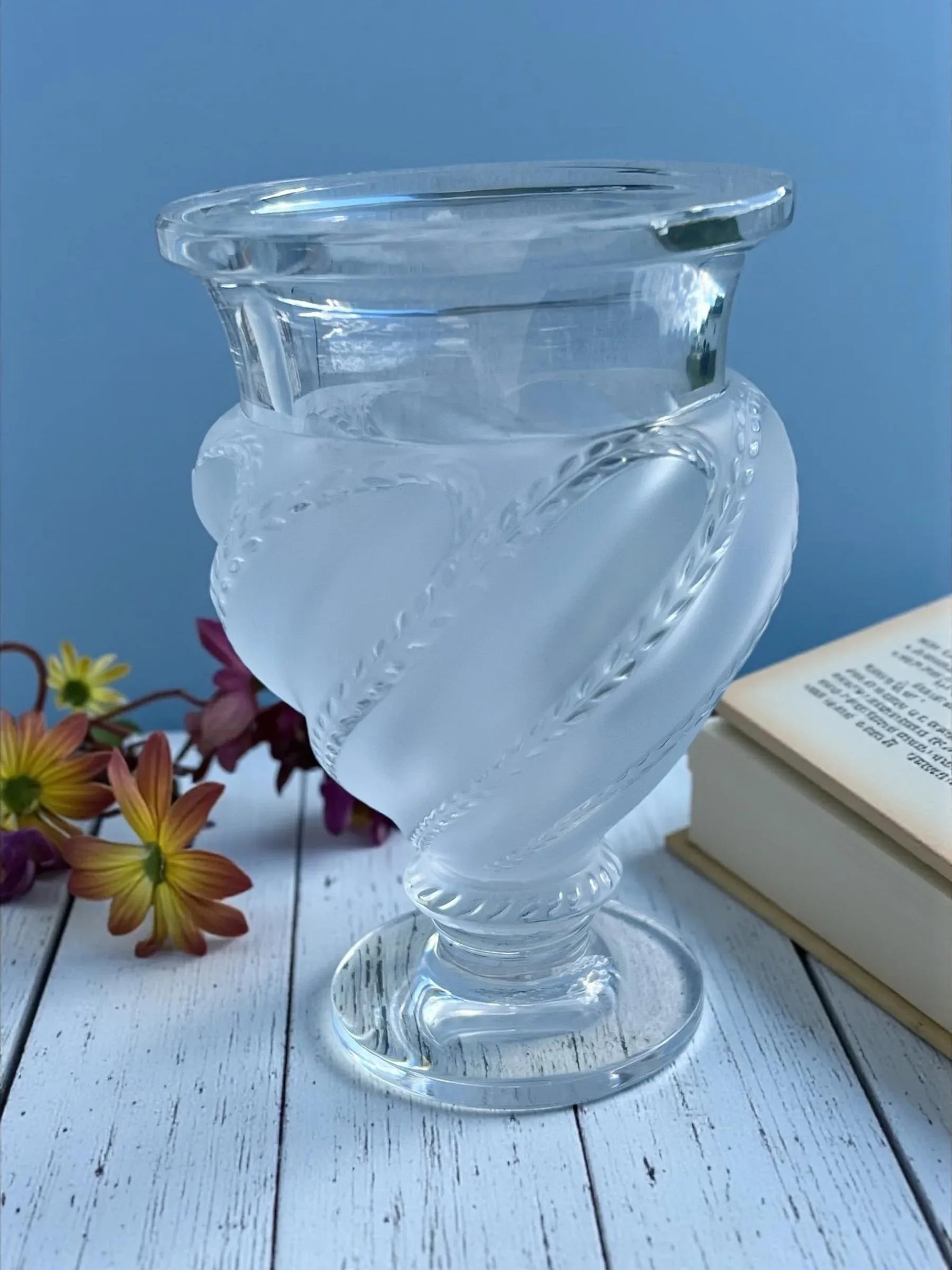 Lalique Ermenonville Frosted Crystal Vase-1950s-France-Leaf Vine-Glass-Bulbous - 2