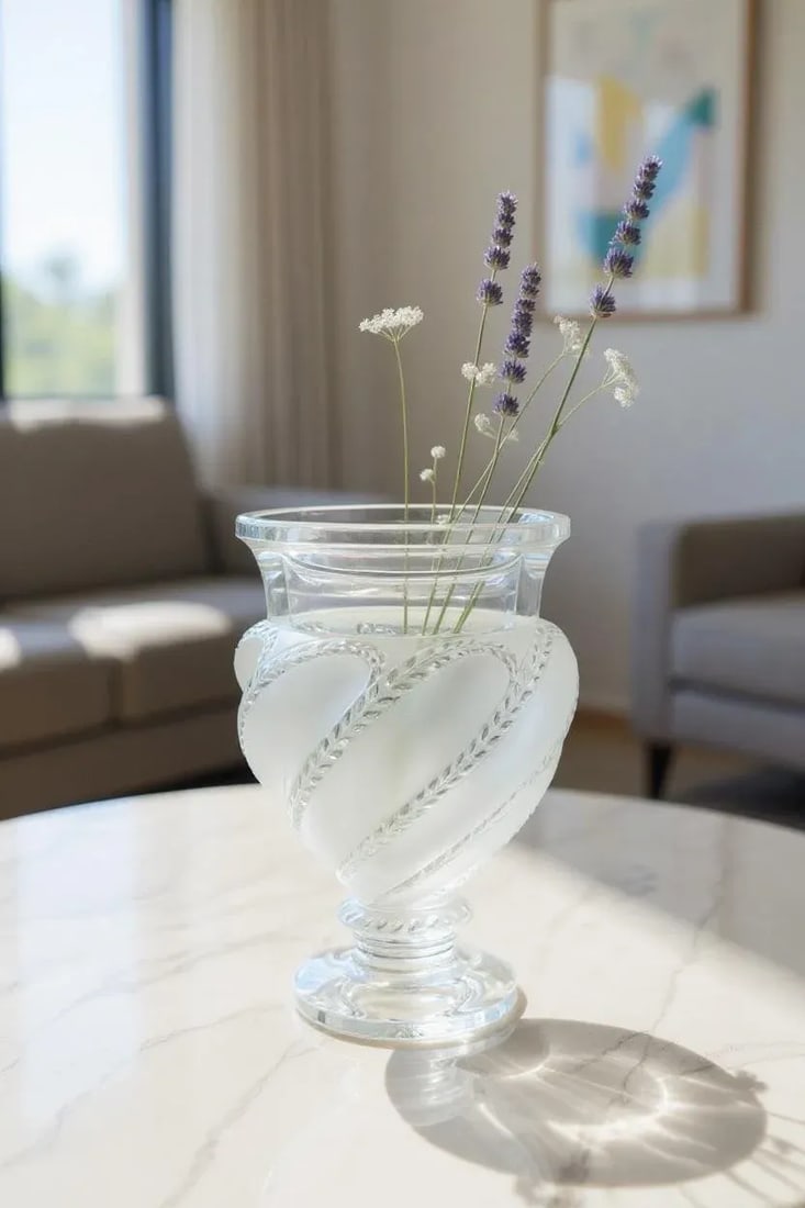 Lalique Ermenonville Frosted Crystal Vase-1950s-France-Leaf Vine-Glass-Bulbous - 3