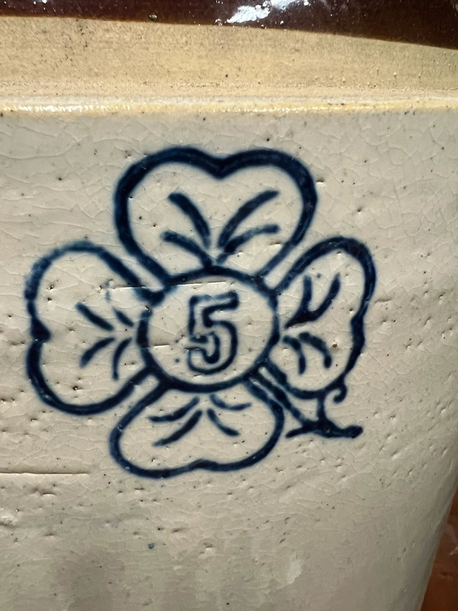 Antique Stoneware Crock /Jug With Blue Clover 5 Gallon - 5