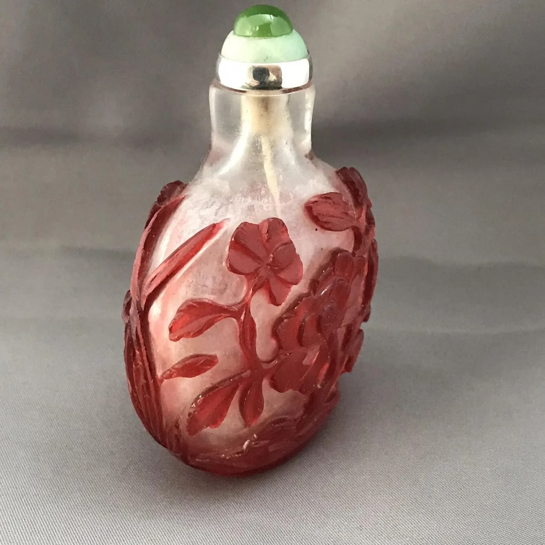 Antique Beijing Glass With Red Glass Overlay in Floral Motifs and Custom Made Stopper - 5