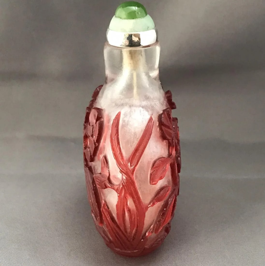 Antique Beijing Glass With Red Glass Overlay in Floral Motifs and Custom Made Stopper - 6