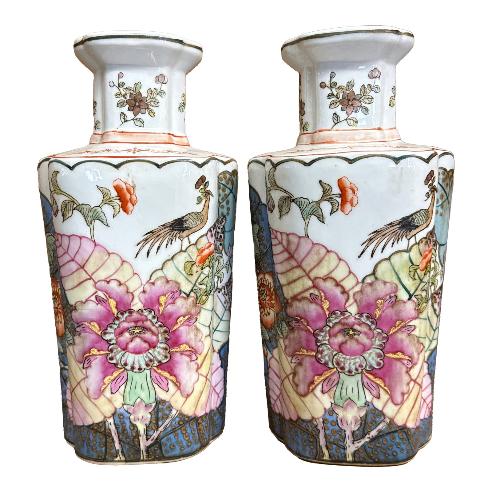 Pair of Floral Pink and Blue Vases Early 1800's Chinese Attributed to the Guangxu Period Attributing: Early 1800s - Guangxu Period with a seal honoring the 17century , Qianlong period. Excellent pair of VASES. - 11.5 " tall x 6" . - In perfect condition no cracks or chips. These have been cared for.
