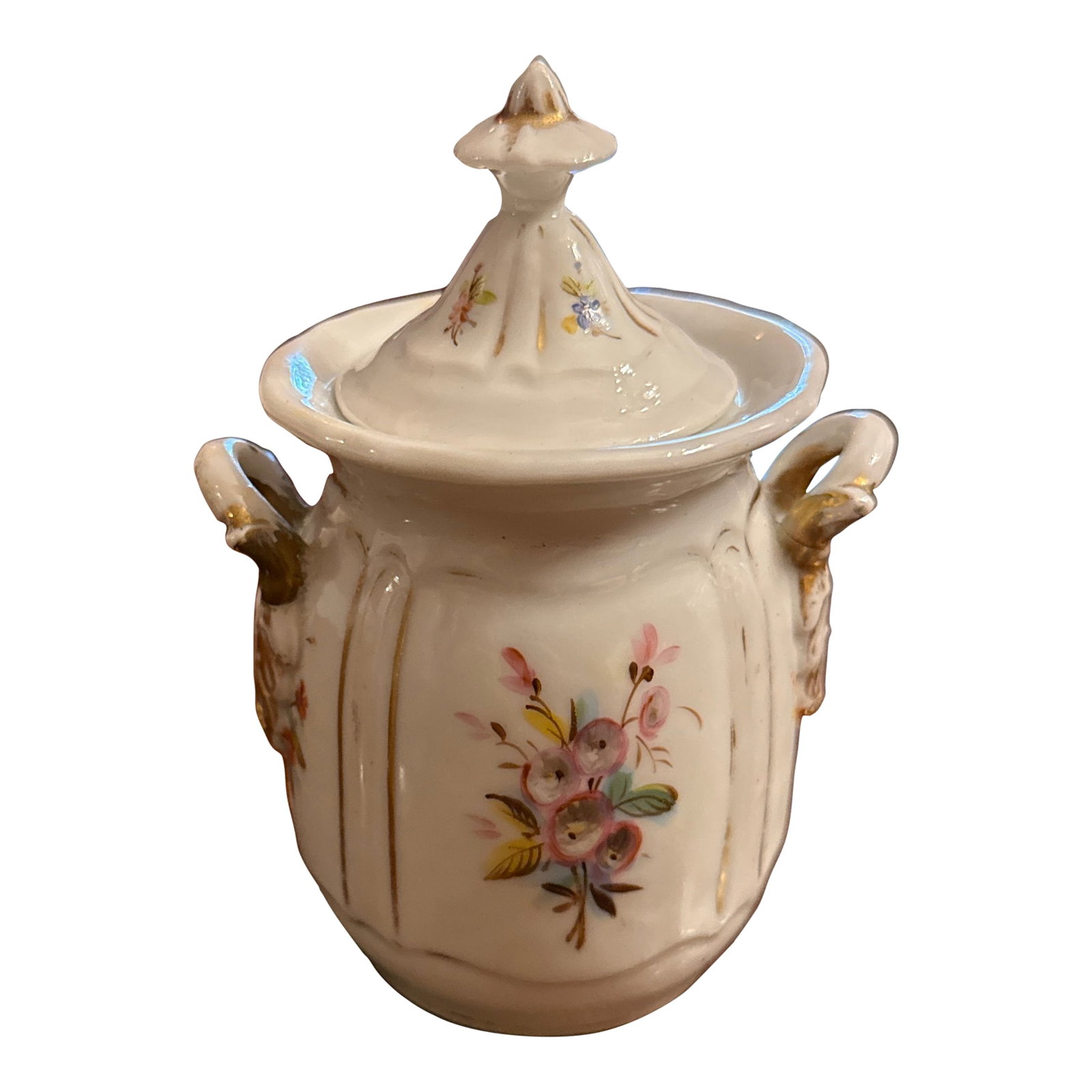 Mid 19th Century Old Paris Porcelain Covered Sugar: A lovely old Paris french porcelain lidded sugar bowl with gilt foliate handles and hand painted florals on a white glazed body. Circa 1840 Condition: Alterations: Original Condition Unaltered Imperfe