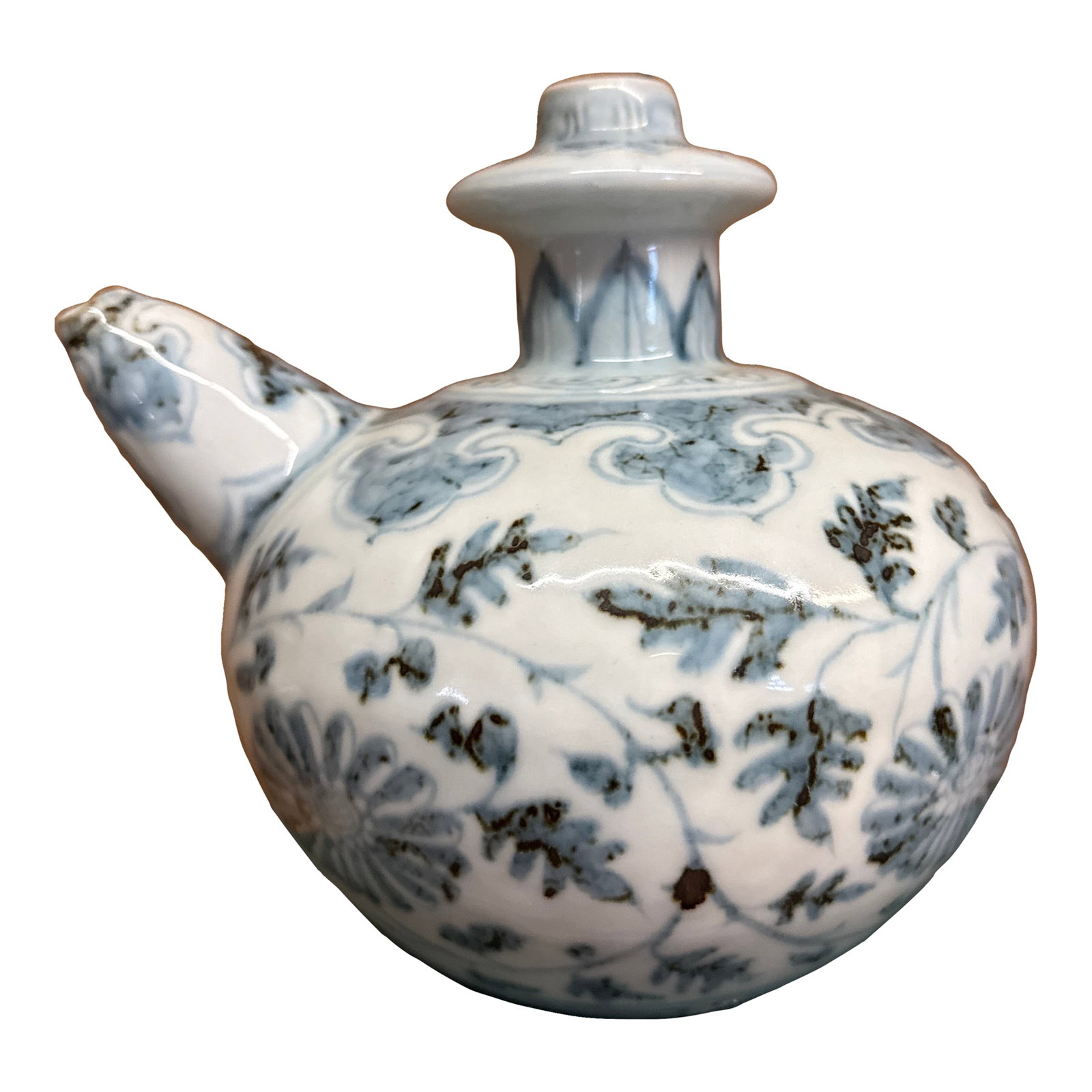 Kendi Antique Pouring Vessel Blue and White: Antique Kendi pouting vessel. In excellent condition 8" long, 7" x 7" Condition: Alterations: Original Condition Unaltered Imperfections: Some Imperfections Condition Notes: No cracks or chips.
