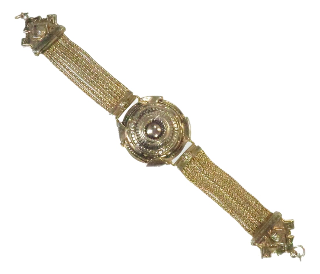 Vintage Rare Designer E. Steiner Etruscan Bracelet 1940s: Vintage gold-plated Etruscan design bracelet by Ernest Steiner. An elaborate and intricately detailed domed centerpiece is flanked by tight rows of flattened link chains, finished with etched and