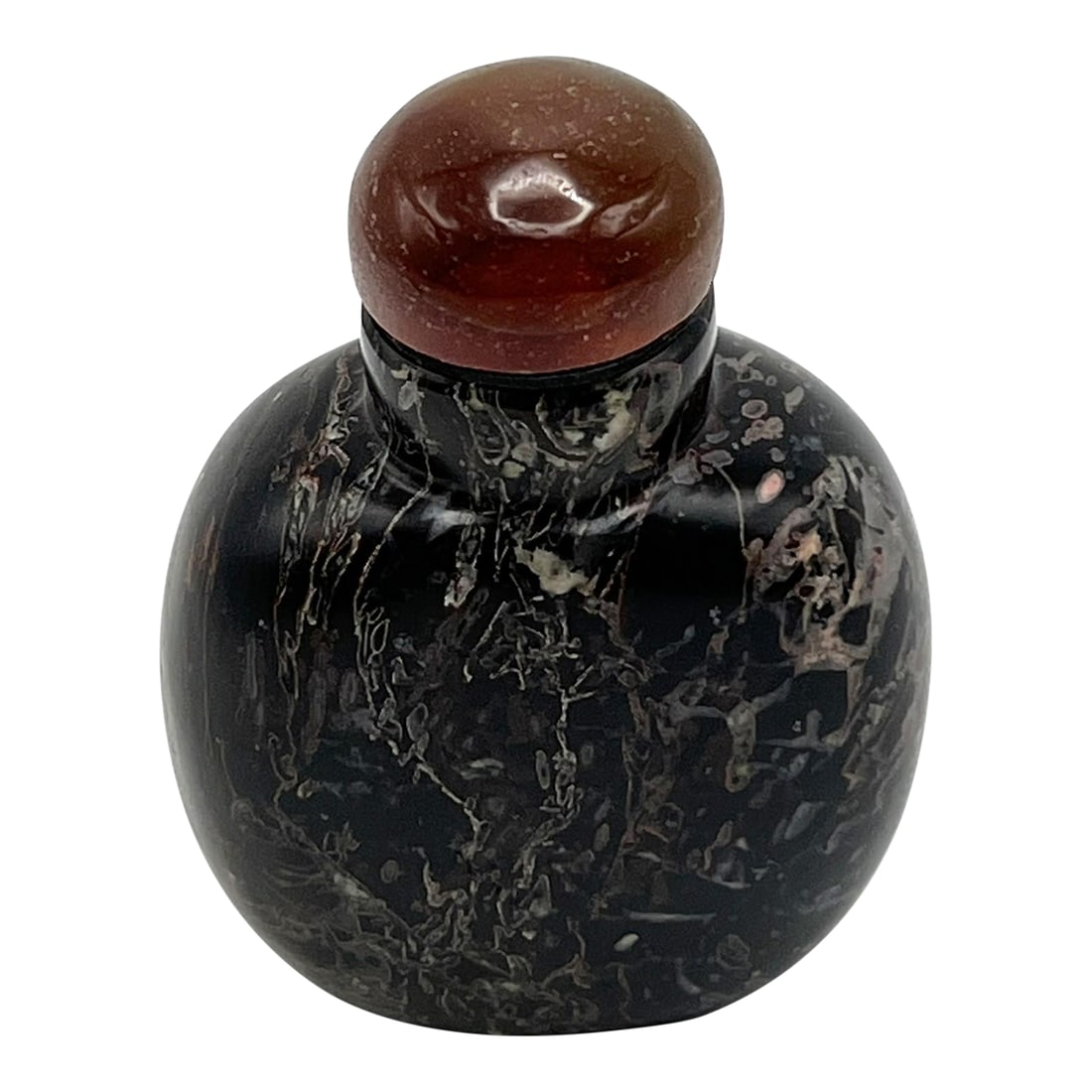 Vintage Black Agate Snuff Bottle With Striations: The Black Agate Snuff Bottle has a flatten square shape with sloping shoulders, sides tapering to a flat oval foot. The straight neck is short with a round top. The black body has deep black