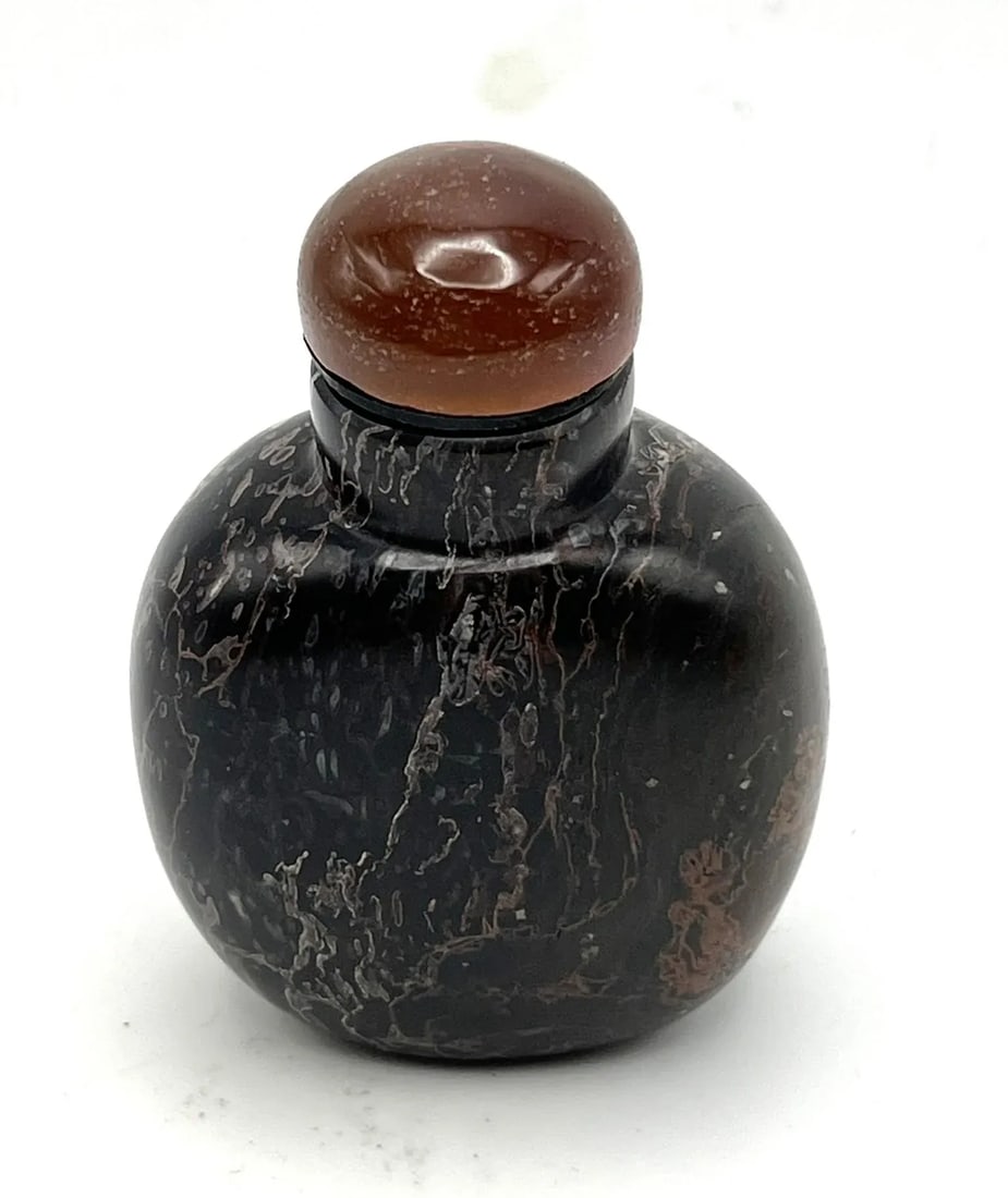 Vintage Black Agate Snuff Bottle With Striations - 2