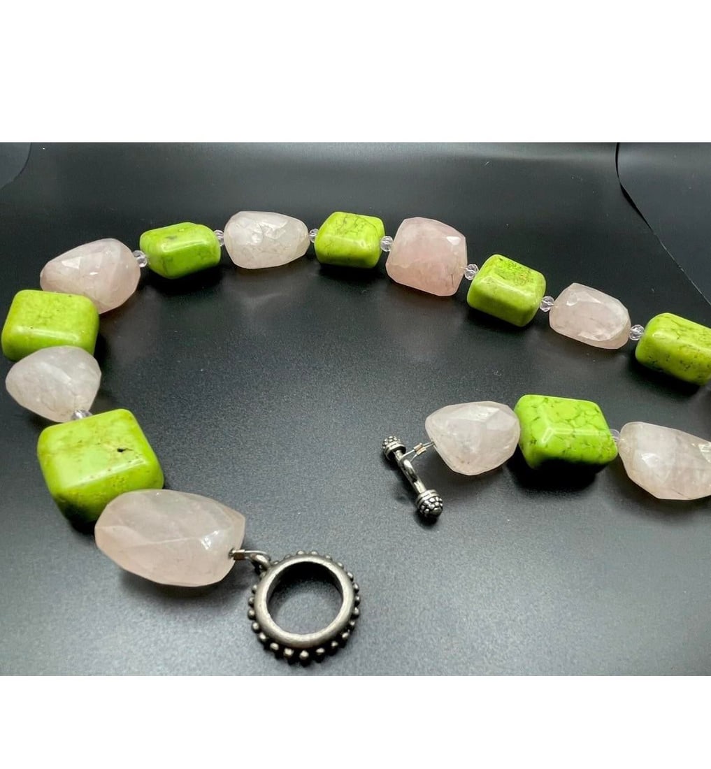 Gemstone Necklace Rose Quartz and Green Turquoise Beads - 2