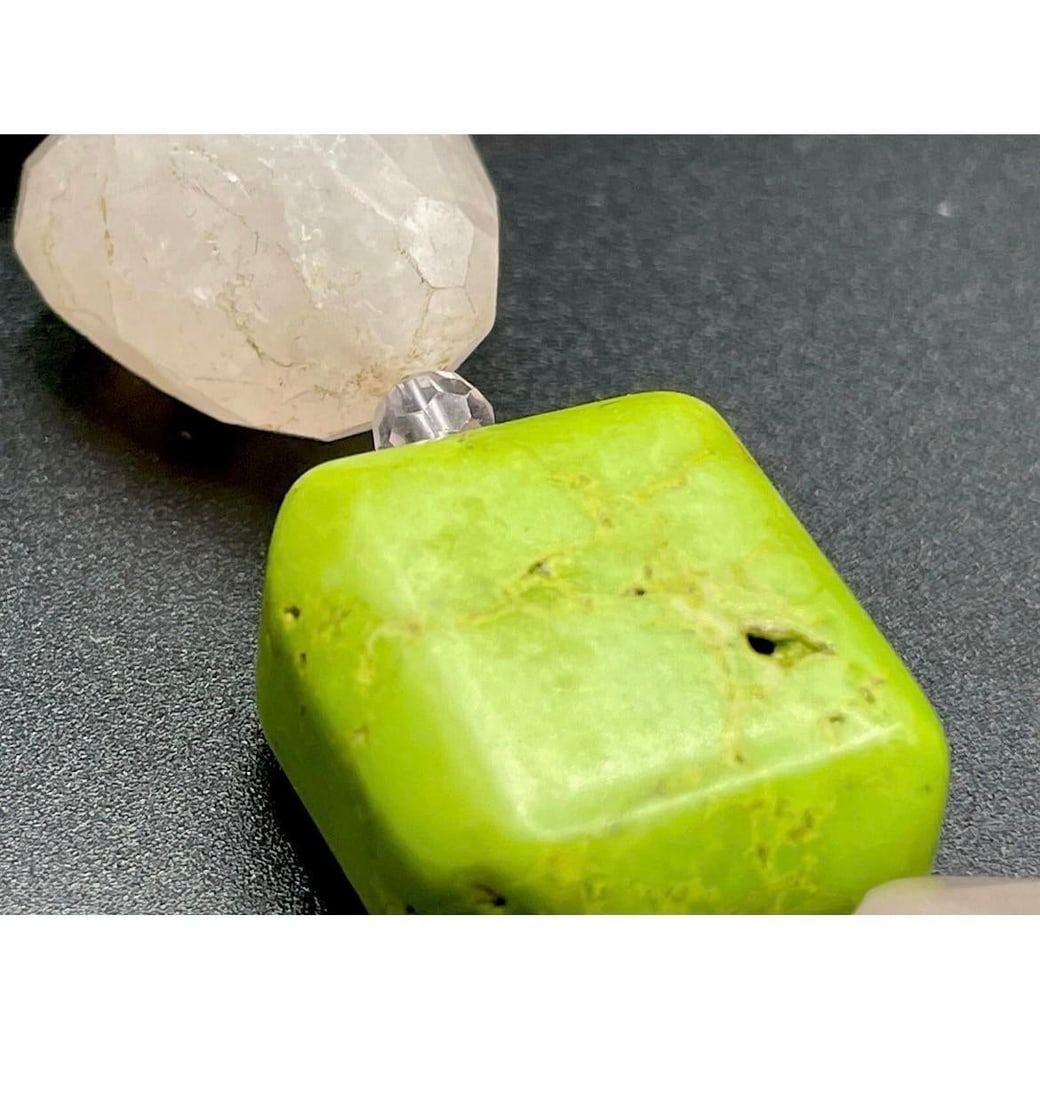 Gemstone Necklace Rose Quartz and Green Turquoise Beads - 3