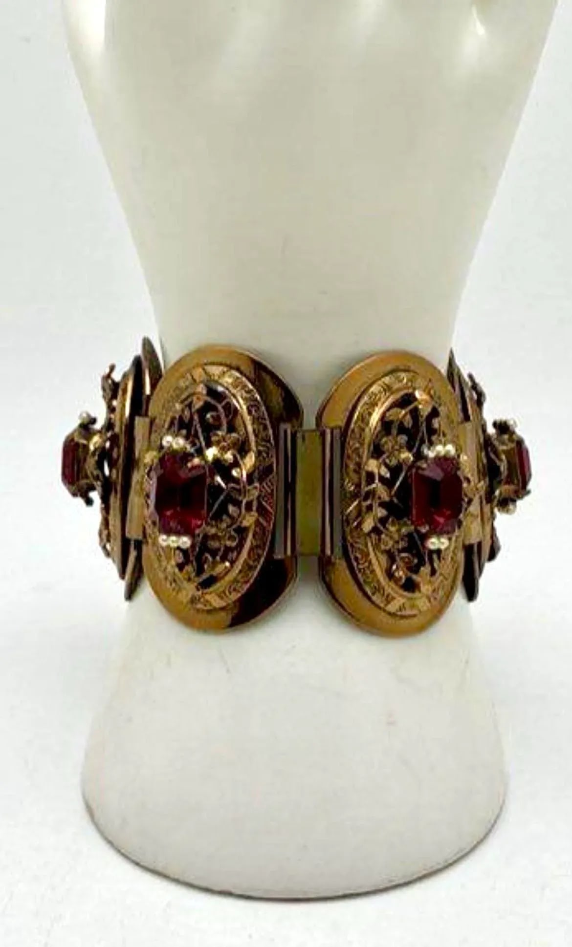 MCM Jewelry Victorian Revival Gold Tone Link Bracelet With Seed Pearls and Synthetic Ruby Very Solid - 2