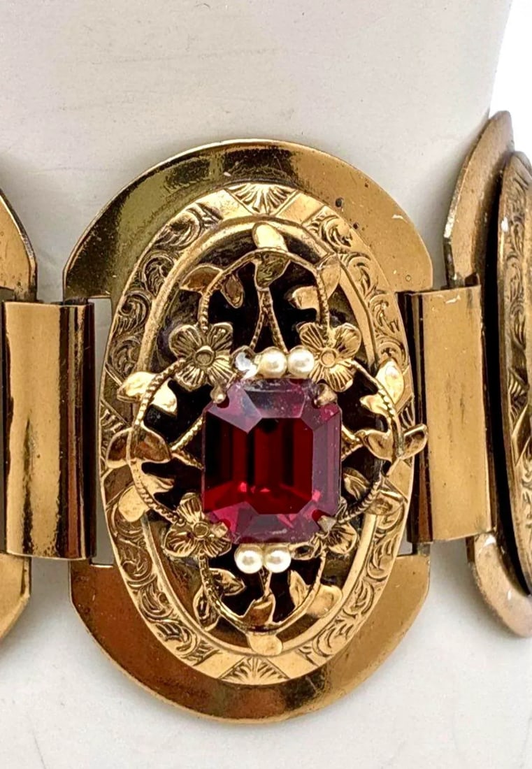 MCM Jewelry Victorian Revival Gold Tone Link Bracelet With Seed Pearls and Synthetic Ruby Very Solid - 3