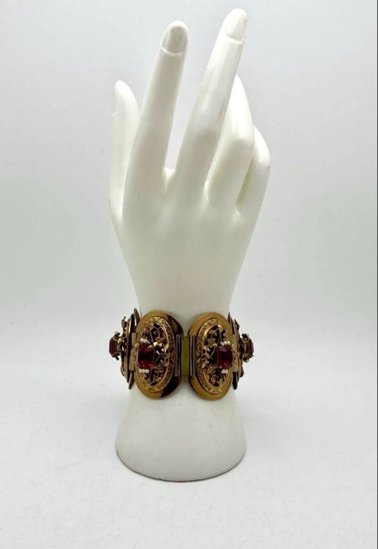 MCM Jewelry Victorian Revival Gold Tone Link Bracelet With Seed Pearls and Synthetic Ruby Very Solid - 5