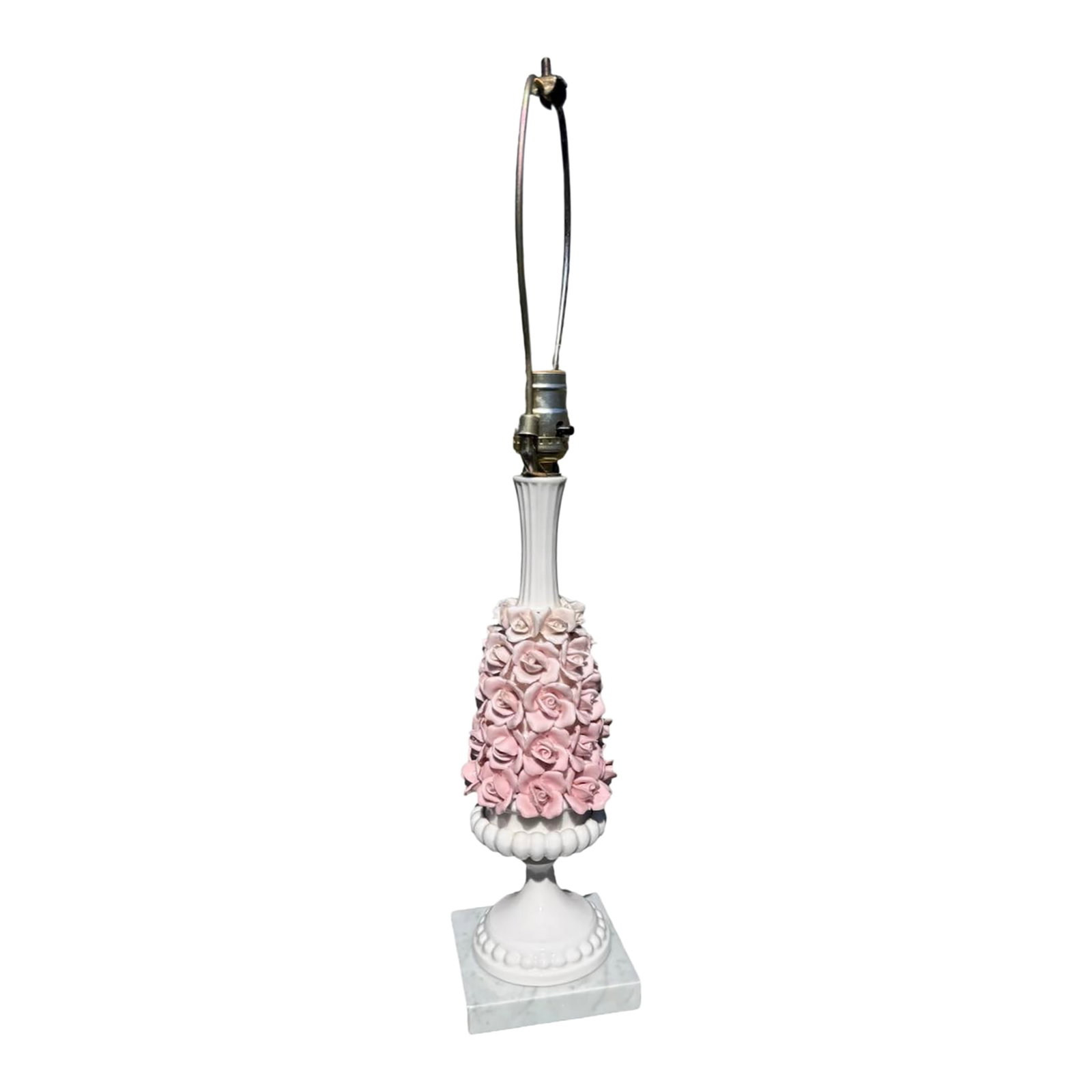 Vintage Porcelain Capodimonte Style Floral Rose Lamp: Vintage Italian lamp with tiny porcelain roses sets on a marble base. Lamp measures 23.5" to the top of the finial, 16" to the top of the socket. Condition: Alterations: Original Condition Unaltered