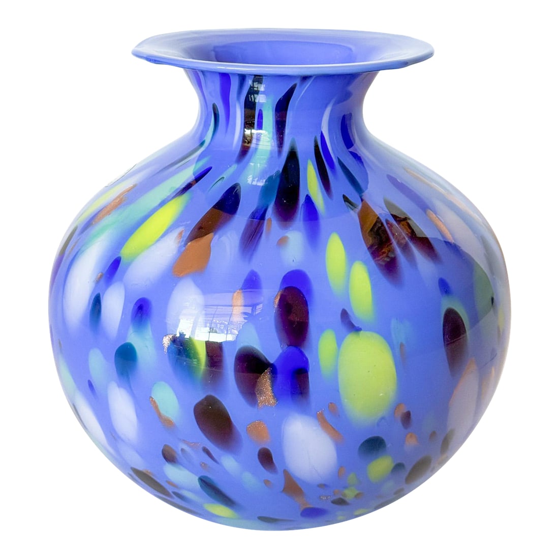 Mid Century Studio Azzurra Maestri Vetrai Italy Mouth Blown Art Glass Vase: A gorgeous and vibrant piece of art glass made in Murano Italy by Azzurra Maestri Vetrai, in shades of periwinkle, copper, chartreuse, cobalt blue, eggplant, and mint. Vases by these designers are
